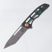 John Gray Slitter V2 Tanto - Carbon Fiber / Barked Green Titanium & Turbo Glow Orange pivot - Dark Rain Magnacut