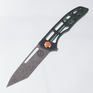 John Gray Slitter V2 Tanto - Carbon Fiber / Barked Green Titanium & Turbo Glow Orange pivot - Dark Rain Magnacut