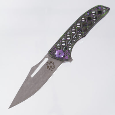 John Gray Slitter V2 Harpoon Bowie - Chainmail World Breaker Weave Camo Carbon - Chainmail Green/Purple Lockside w/ Purple Hardware - Chad Nichols Iguana Damascus