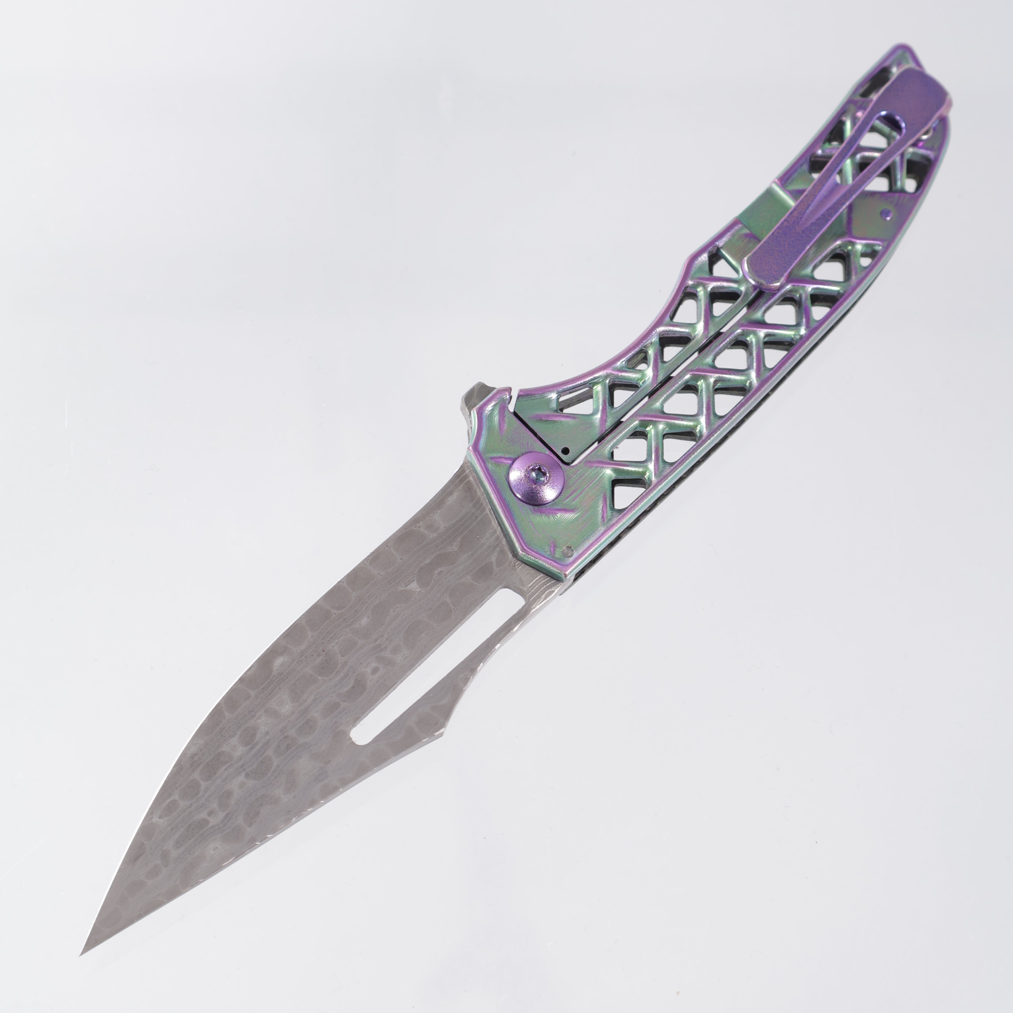 John Gray Slitter V2 Harpoon Bowie - Chainmail World Breaker Weave Camo Carbon - Chainmail Green/Purple Lockside w/ Purple Hardware - Chad Nichols Iguana Damascus