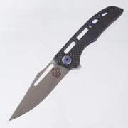 John Gray Slitter V2 Harpoon Bowie - Twill Carbon Fiber Half Ported - Blue Godzilla Hyde Titanium w/ Blue Hardware - Satin Magnacut