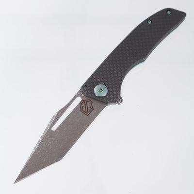 John Gray Slitter V2 Harpoon Tanto - Twill Carbon Fiber Full Scale - Green/Purple Barked Titanium w/ Green/Purple Hardware - Dark Rain Magnacut