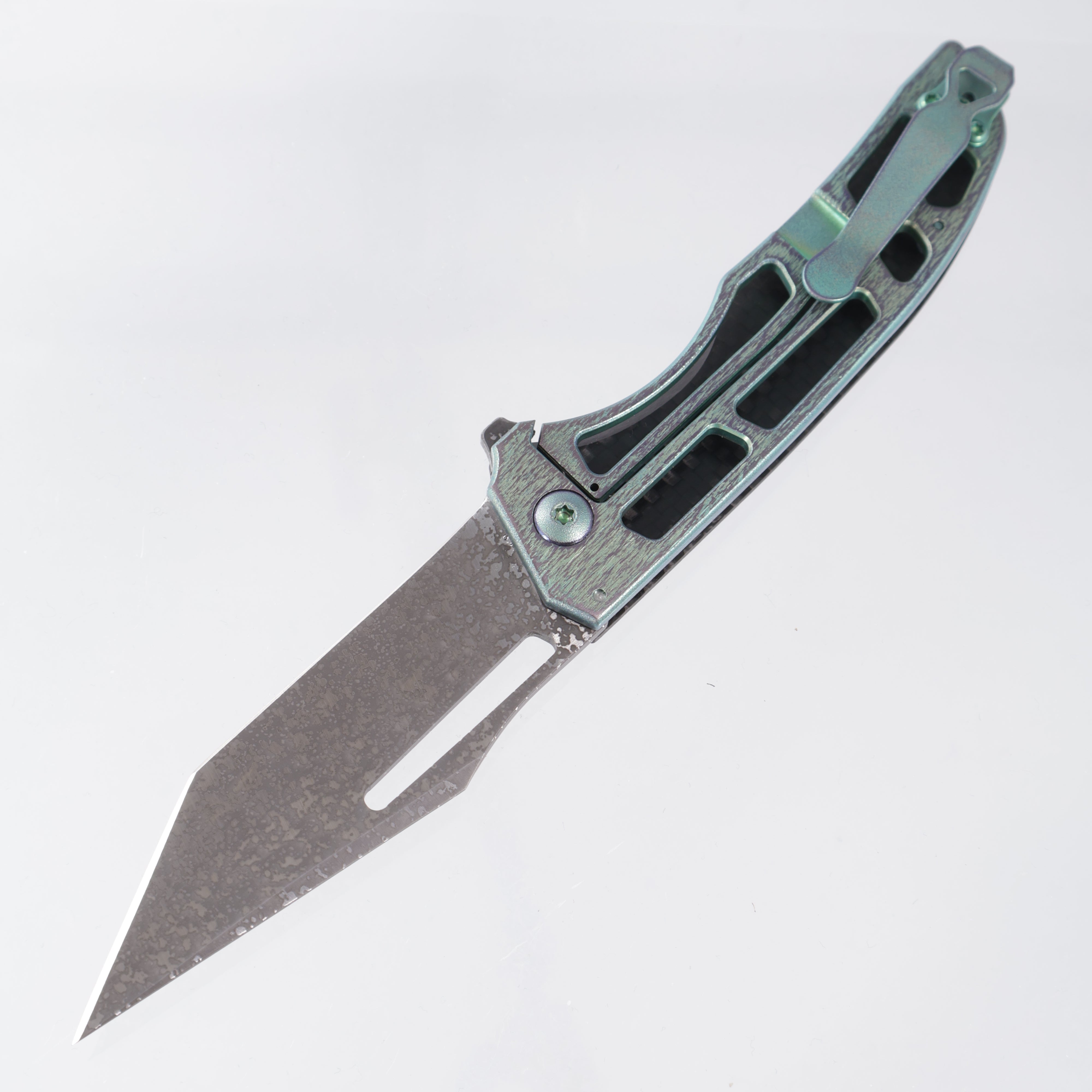 John Gray Slitter V2 Harpoon Tanto - Twill Carbon Fiber Full Scale - Green/Purple Barked Titanium w/ Green/Purple Hardware - Dark Rain Magnacut