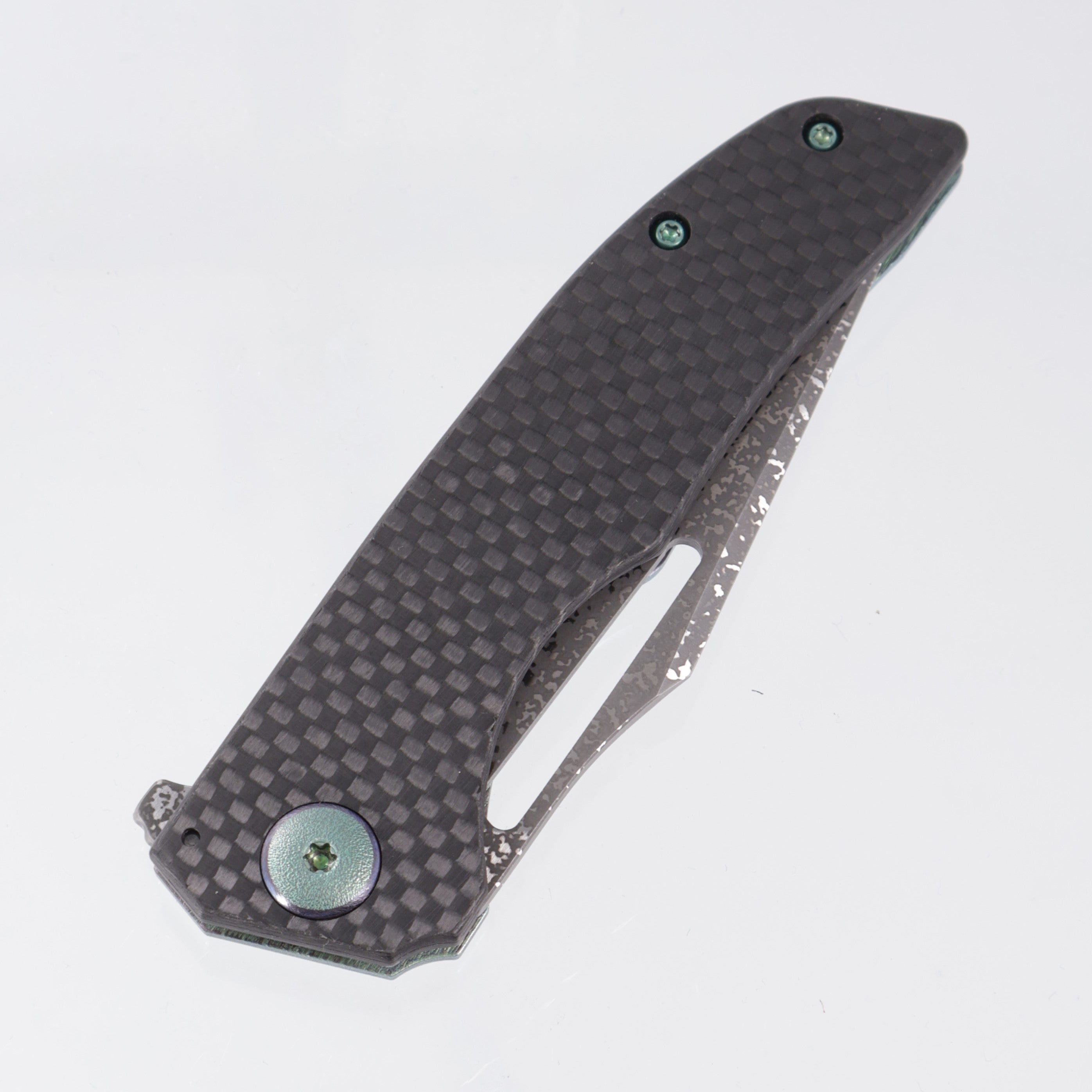 John Gray Slitter V2 Harpoon Tanto - Twill Carbon Fiber Full Scale - Green/Purple Barked Titanium w/ Green/Purple Hardware - Dark Rain Magnacut