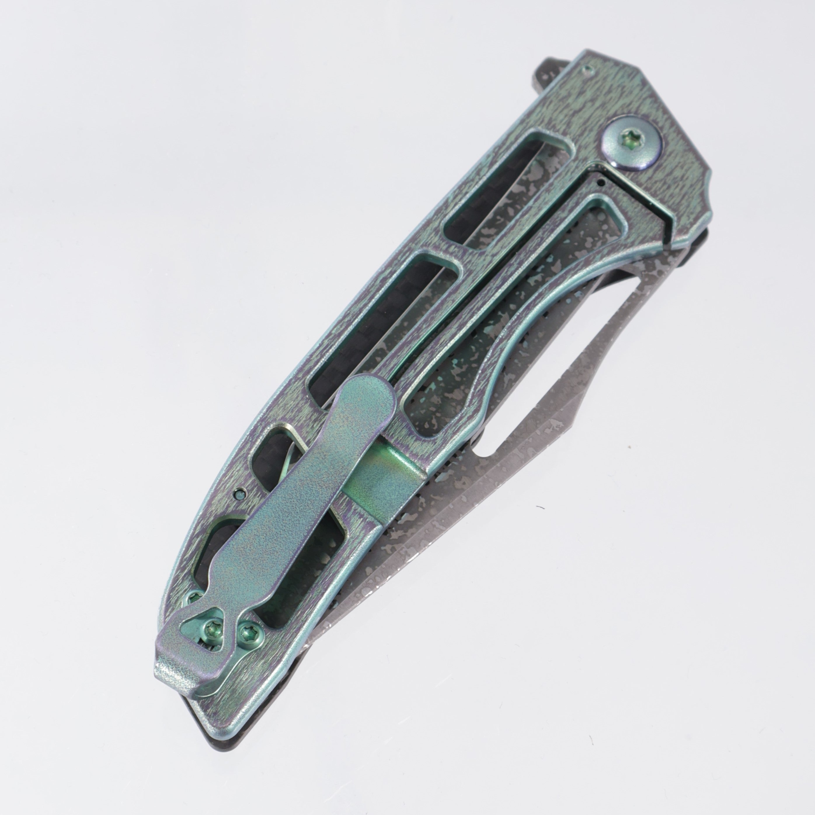 John Gray Slitter V2 Harpoon Tanto - Twill Carbon Fiber Full Scale - Green/Purple Barked Titanium w/ Green/Purple Hardware - Dark Rain Magnacut