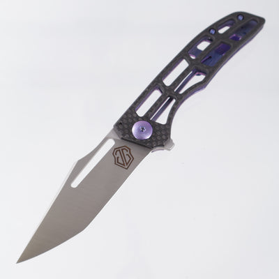 John Gray Slitter V2 Harpoon Japanese Tanto - Twill Carbon Fiber Half Ported - Purple Barked Titanium w/ Purple Hardware - Satin Magnacut