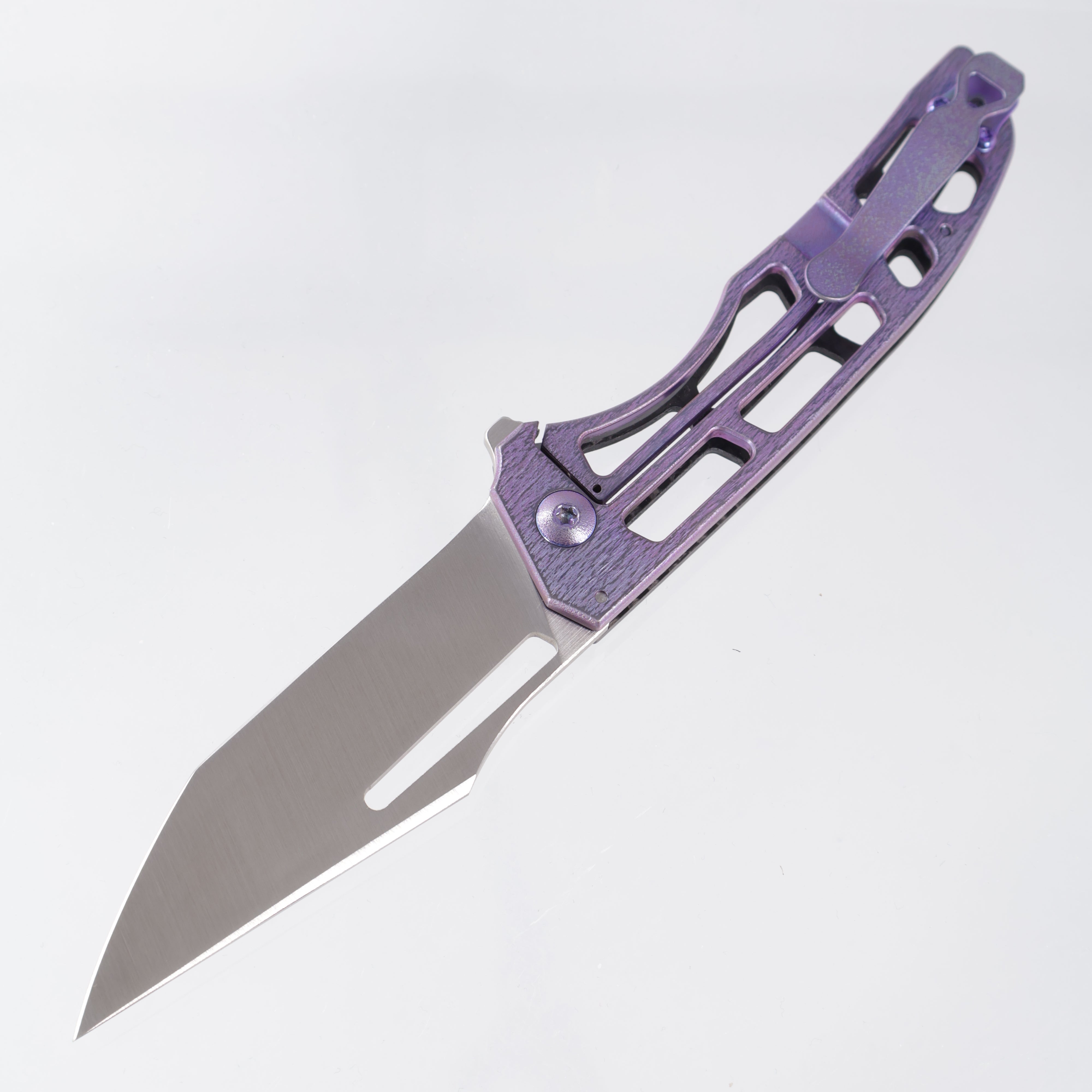 John Gray Slitter V2 Harpoon Japanese Tanto - Twill Carbon Fiber Half Ported - Purple Barked Titanium w/ Purple Hardware - Satin Magnacut