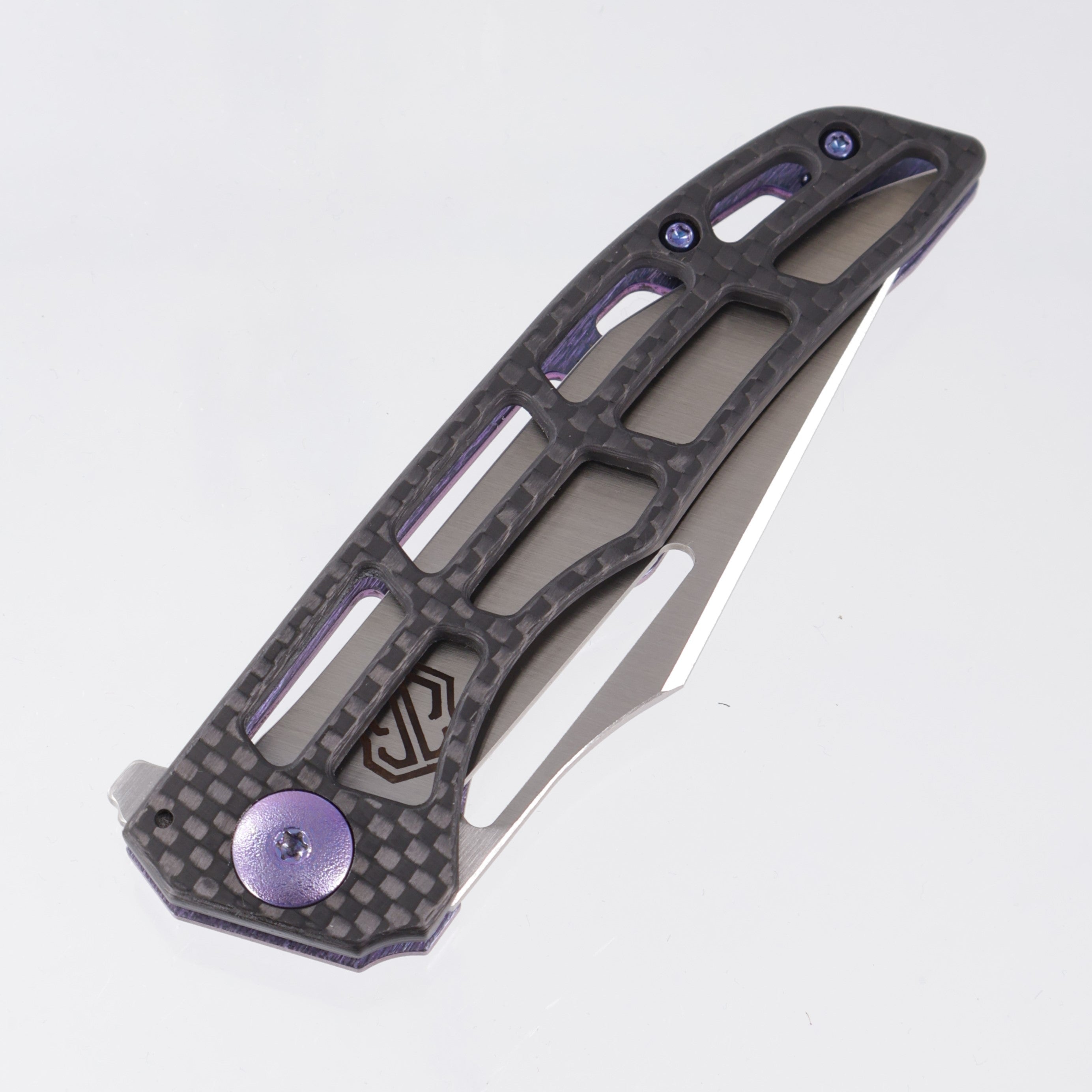 John Gray Slitter V2 Harpoon Japanese Tanto - Twill Carbon Fiber Half Ported - Purple Barked Titanium w/ Purple Hardware - Satin Magnacut