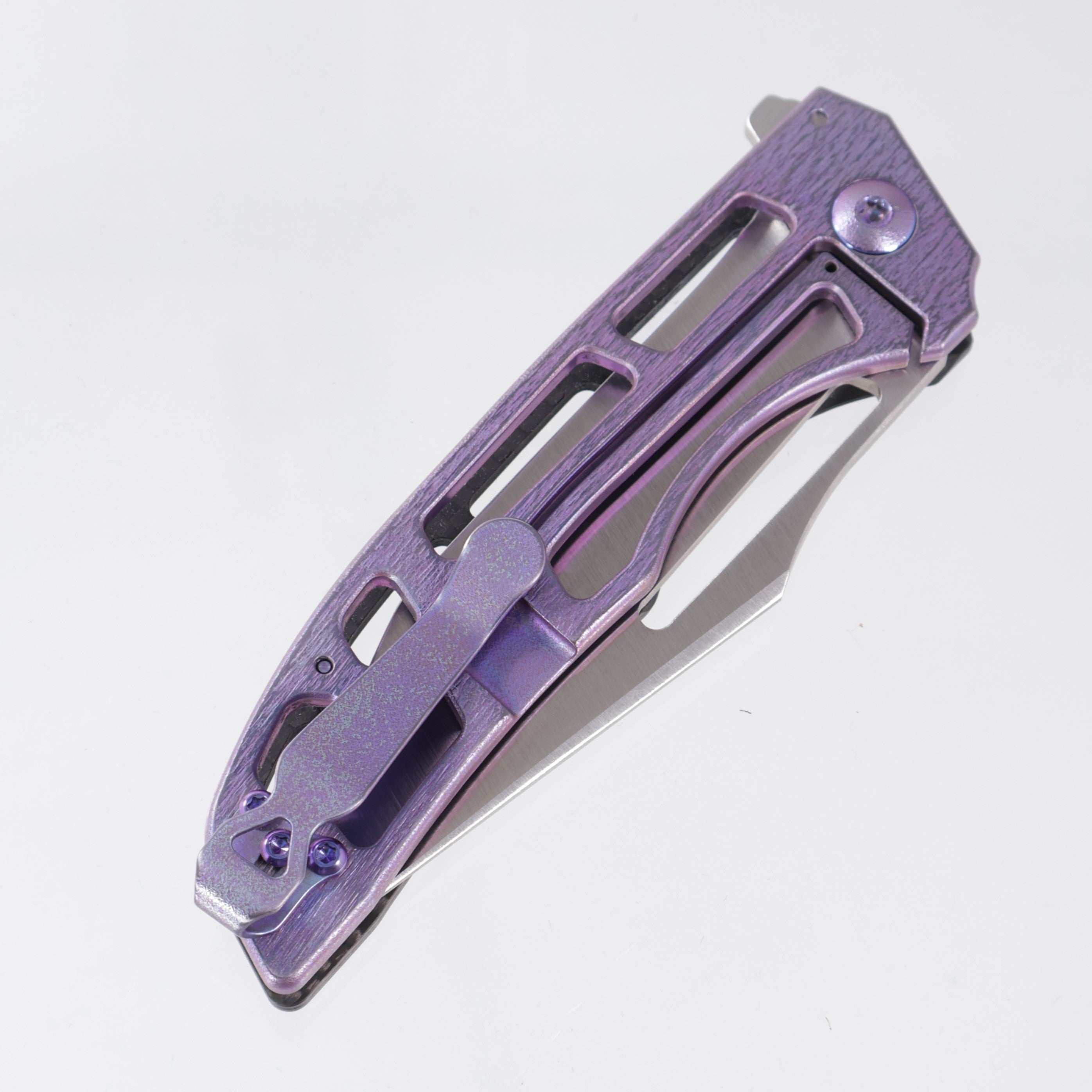 John Gray Slitter V2 Harpoon Japanese Tanto - Twill Carbon Fiber Half Ported - Purple Barked Titanium w/ Purple Hardware - Satin Magnacut