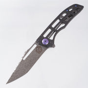 John Gray Slitter V2 Harpoon Japanese Tanto - Twill Carbon Fiber Full Ported - Barked Titanium w/ Purple Hardware - Dark Rain Magnacut