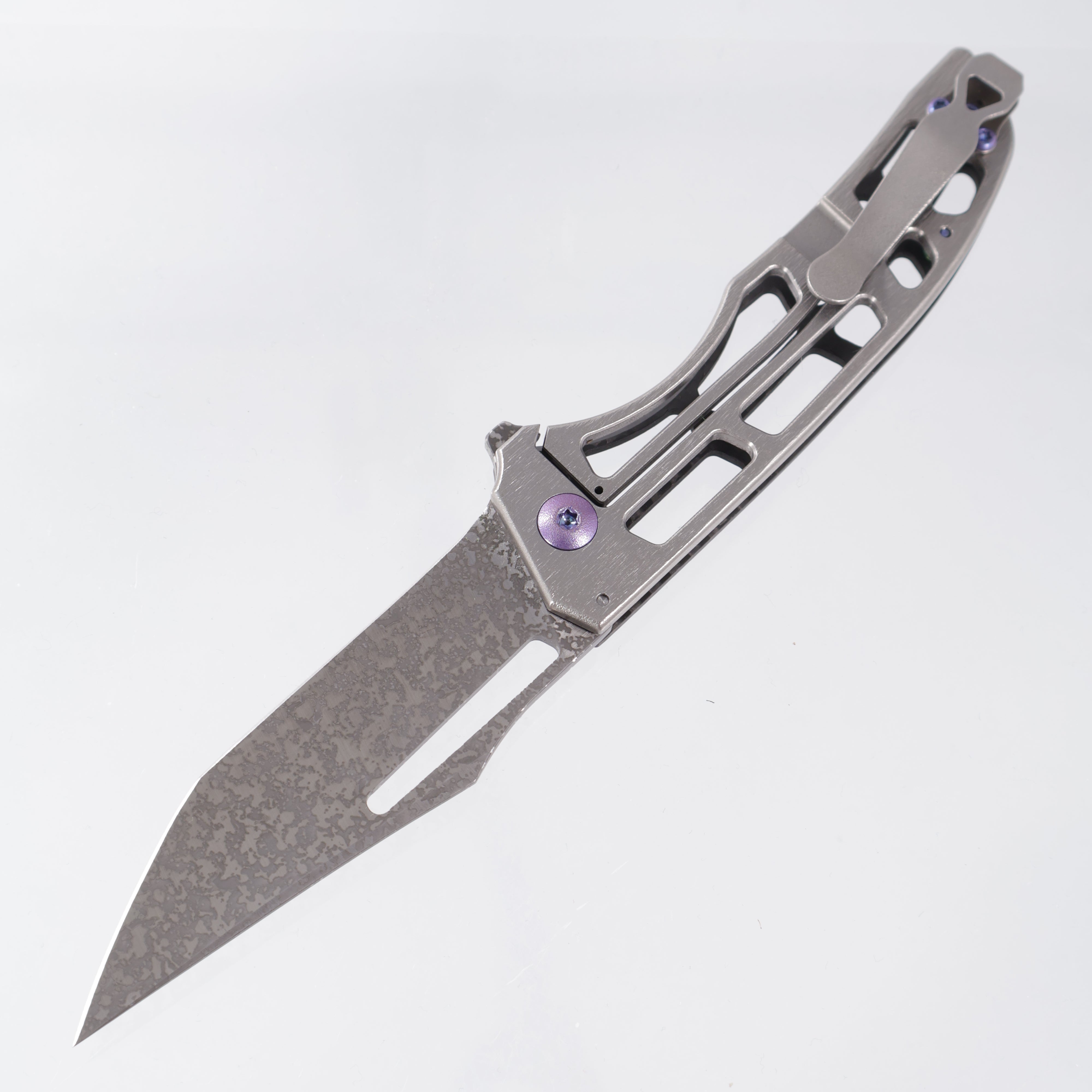 John Gray Slitter V2 Harpoon Japanese Tanto - Twill Carbon Fiber Full Ported - Barked Titanium w/ Purple Hardware - Dark Rain Magnacut