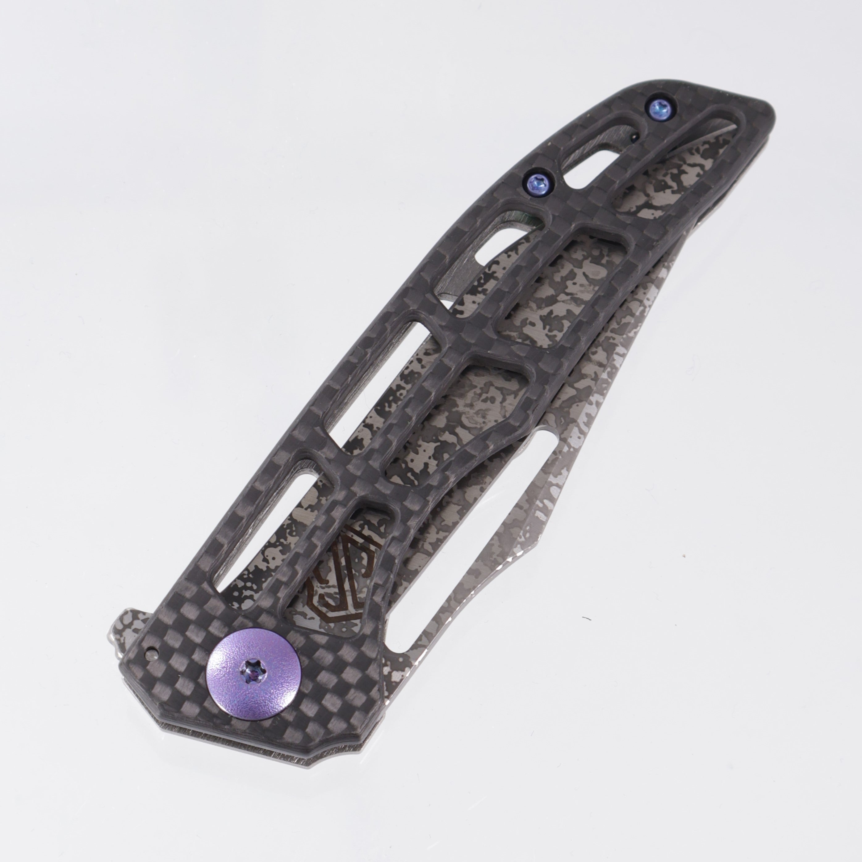 John Gray Slitter V2 Harpoon Japanese Tanto - Twill Carbon Fiber Full Ported - Barked Titanium w/ Purple Hardware - Dark Rain Magnacut