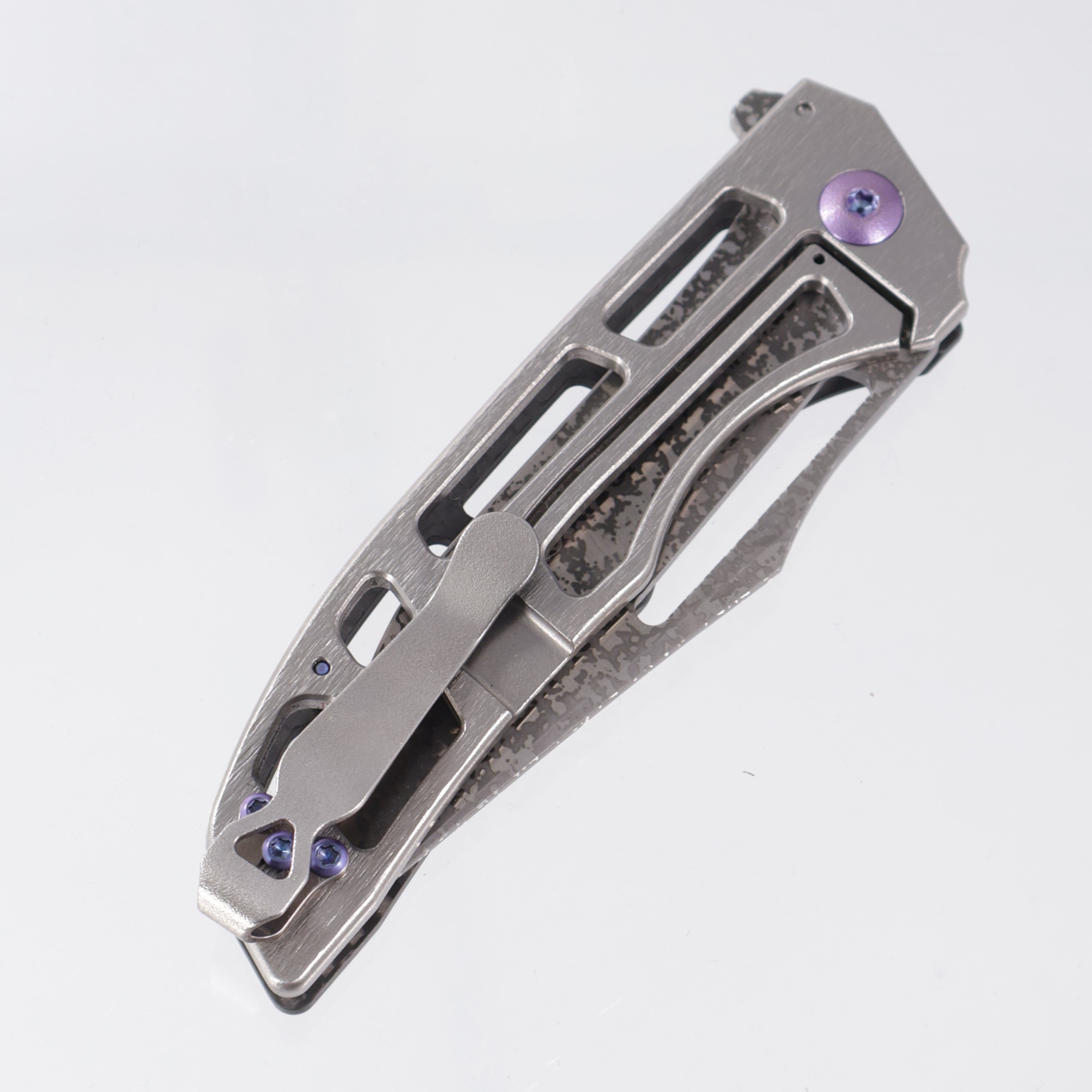 John Gray Slitter V2 Harpoon Japanese Tanto - Twill Carbon Fiber Full Ported - Barked Titanium w/ Purple Hardware - Dark Rain Magnacut