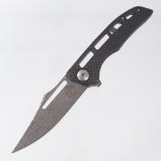 John Gray Slitter V2 Harpoon Bowie - Twill Carbon Fiber Half Ported - Barked Titanium w/ Plain Hardware - Dark Rain Magnacut