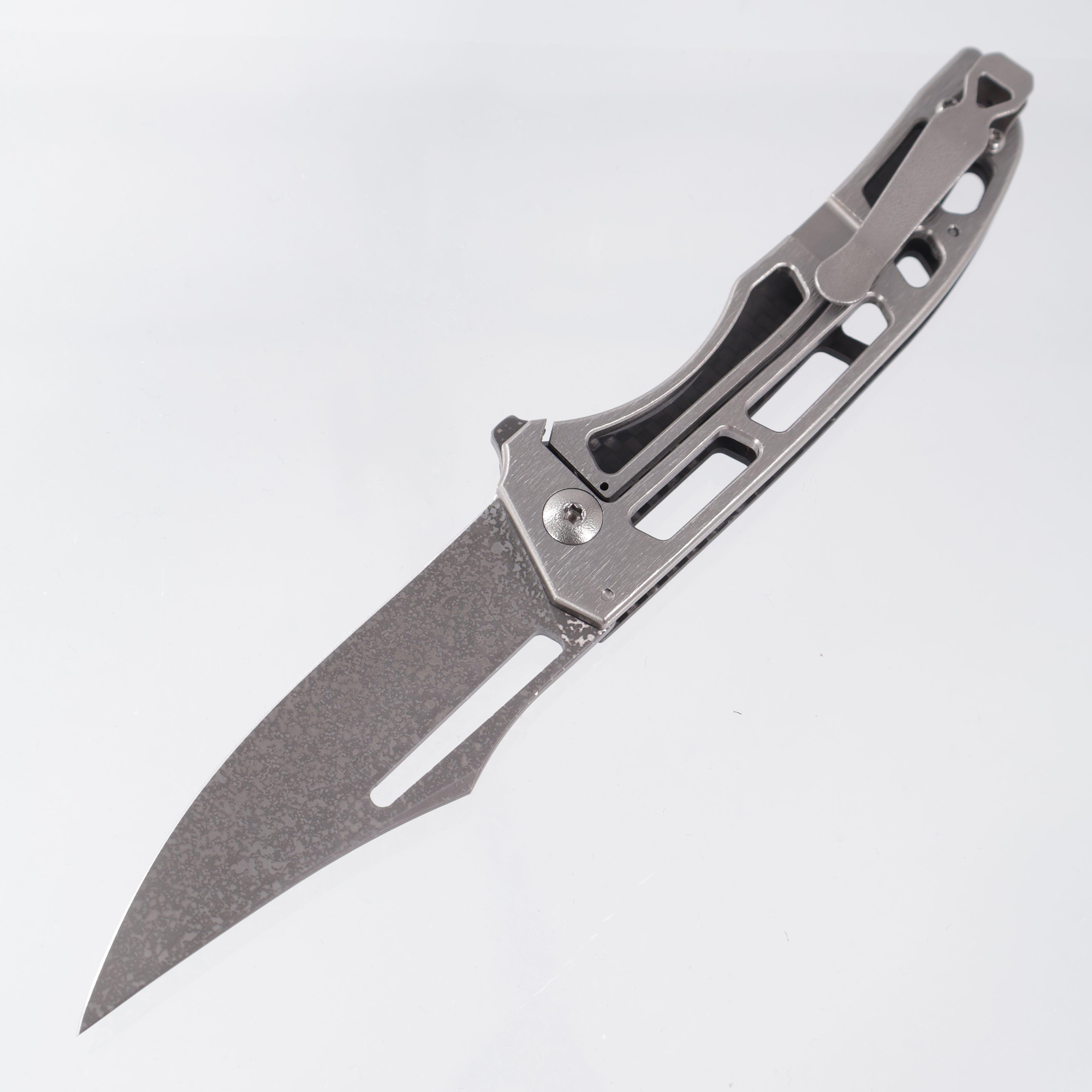 John Gray Slitter V2 Harpoon Bowie - Twill Carbon Fiber Half Ported - Barked Titanium w/ Plain Hardware - Dark Rain Magnacut