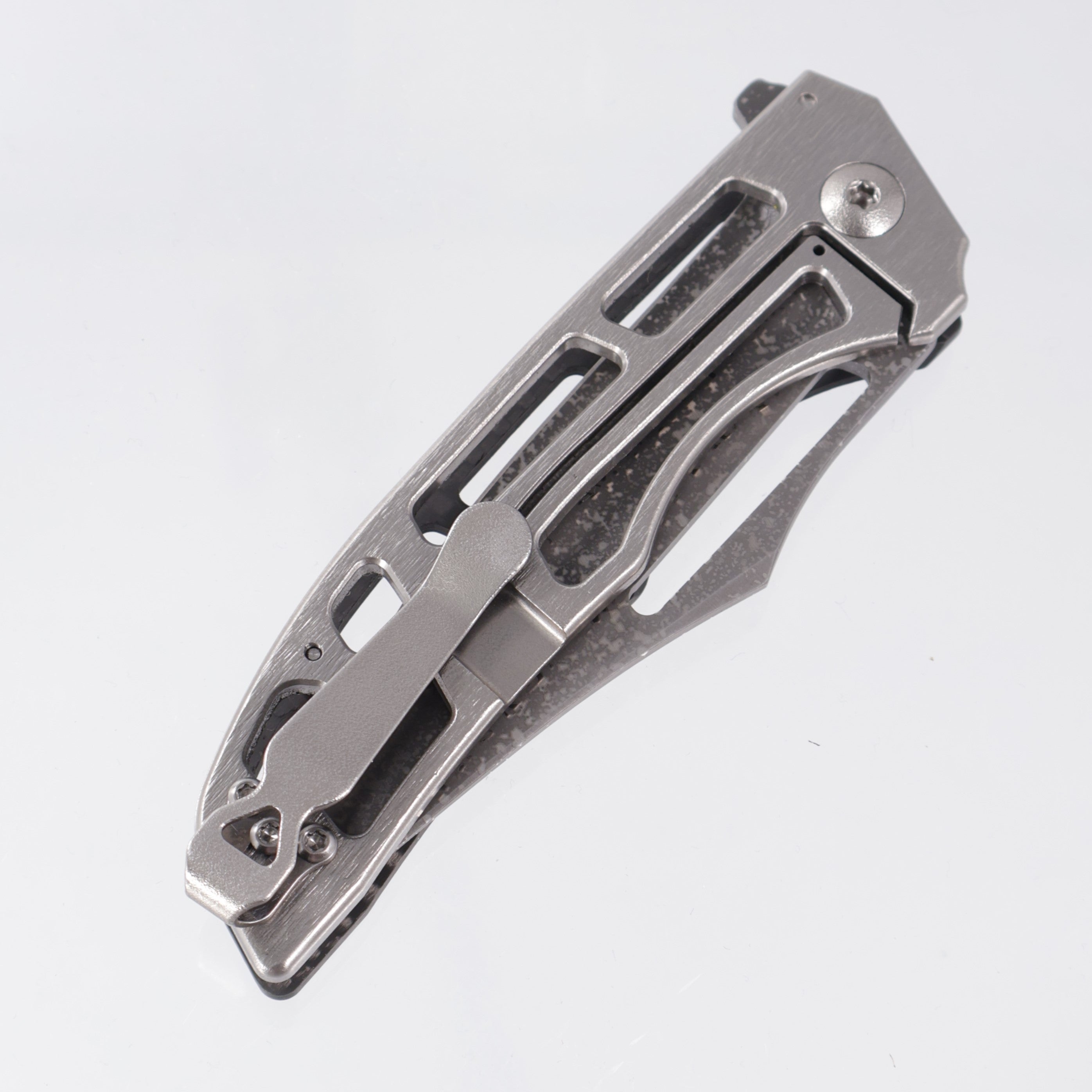 John Gray Slitter V2 Harpoon Bowie - Twill Carbon Fiber Half Ported - Barked Titanium w/ Plain Hardware - Dark Rain Magnacut