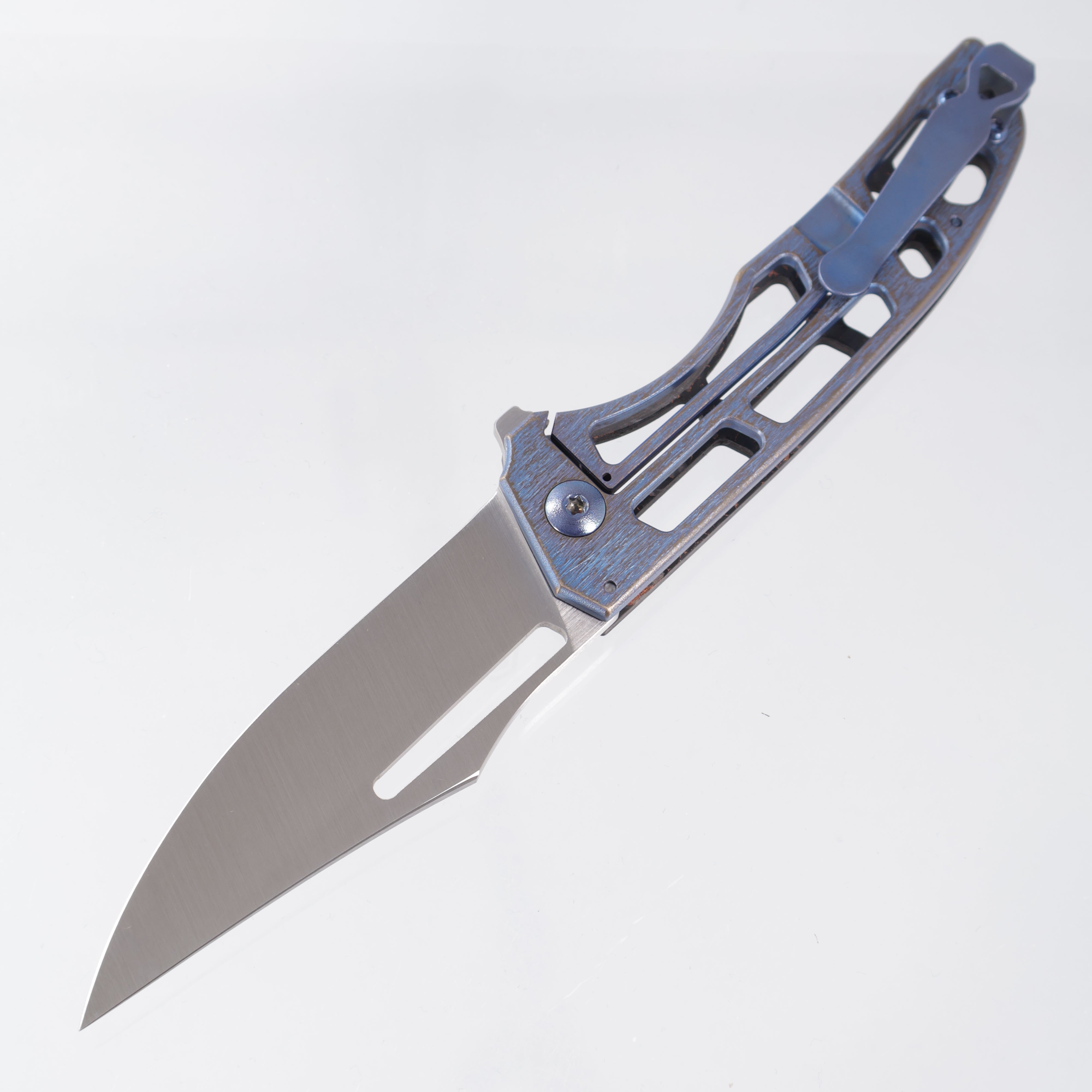 John Gray Slitter V2 Harpoon Bowie - Copper TechnoCarbo Full Ported - Blue/Bronze Barked Titanium w/ Blue Hardware - Satin Magnacut