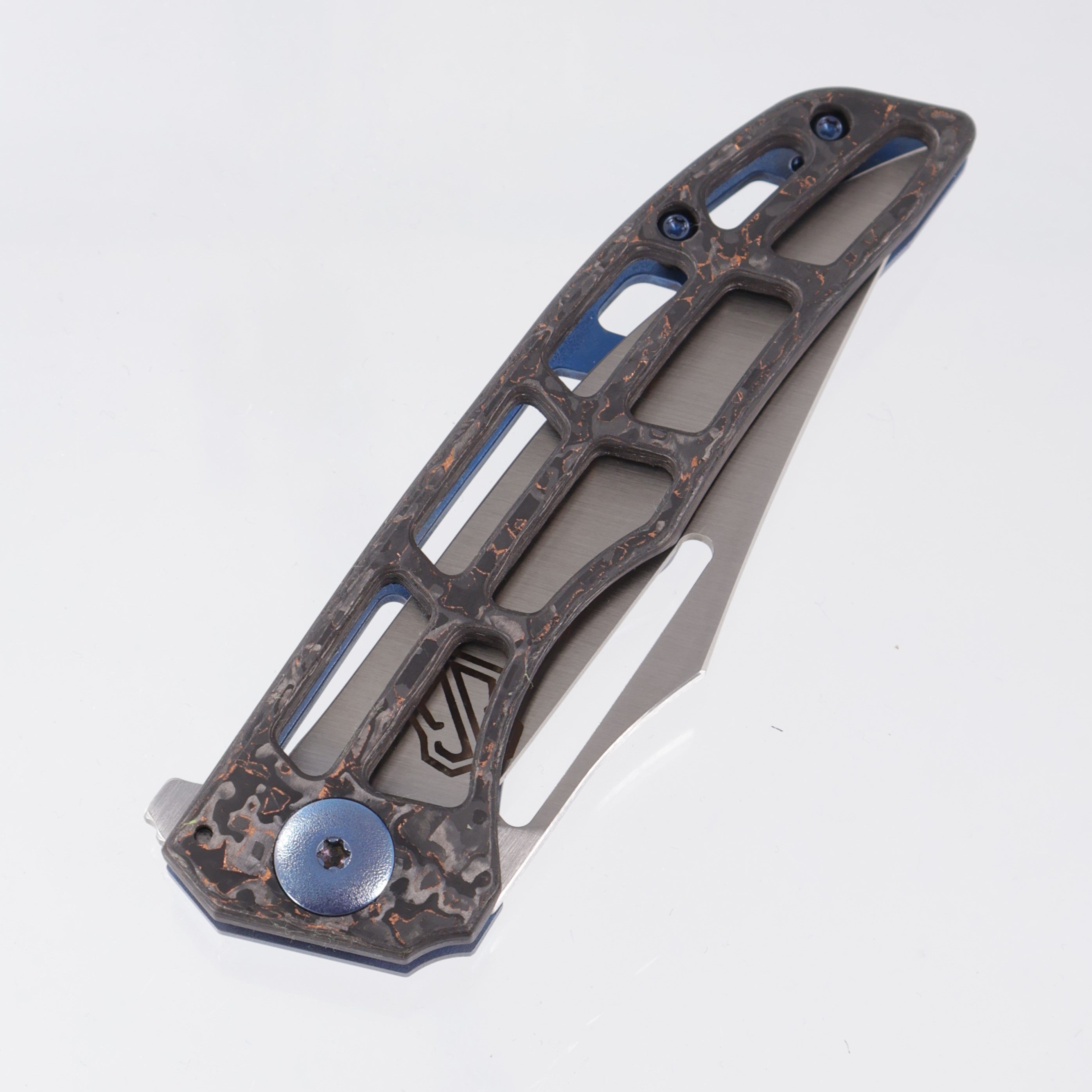 John Gray Slitter V2 Harpoon Bowie - Copper TechnoCarbo Full Ported - Blue/Bronze Barked Titanium w/ Blue Hardware - Satin Magnacut