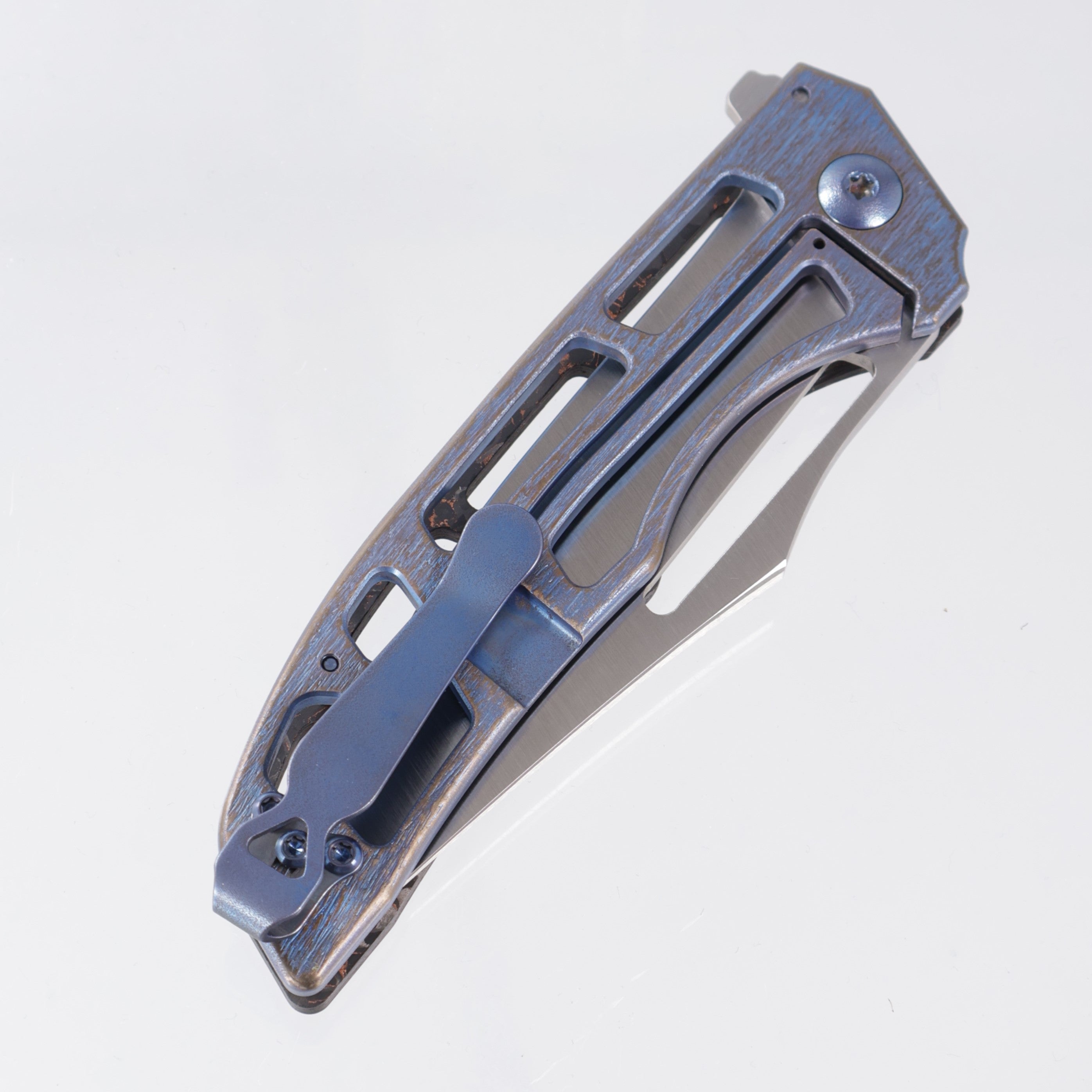 John Gray Slitter V2 Harpoon Bowie - Copper TechnoCarbo Full Ported - Blue/Bronze Barked Titanium w/ Blue Hardware - Satin Magnacut
