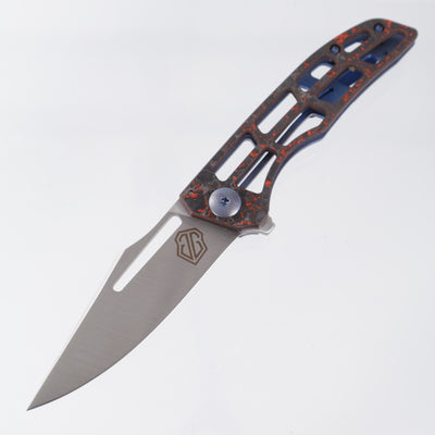John Gray Slitter V2 Harpoon Bowie - Red TechnoCarbo Full Ported - Blurple Barked Titanium w/ Blue Hardware - Satin Magnacut