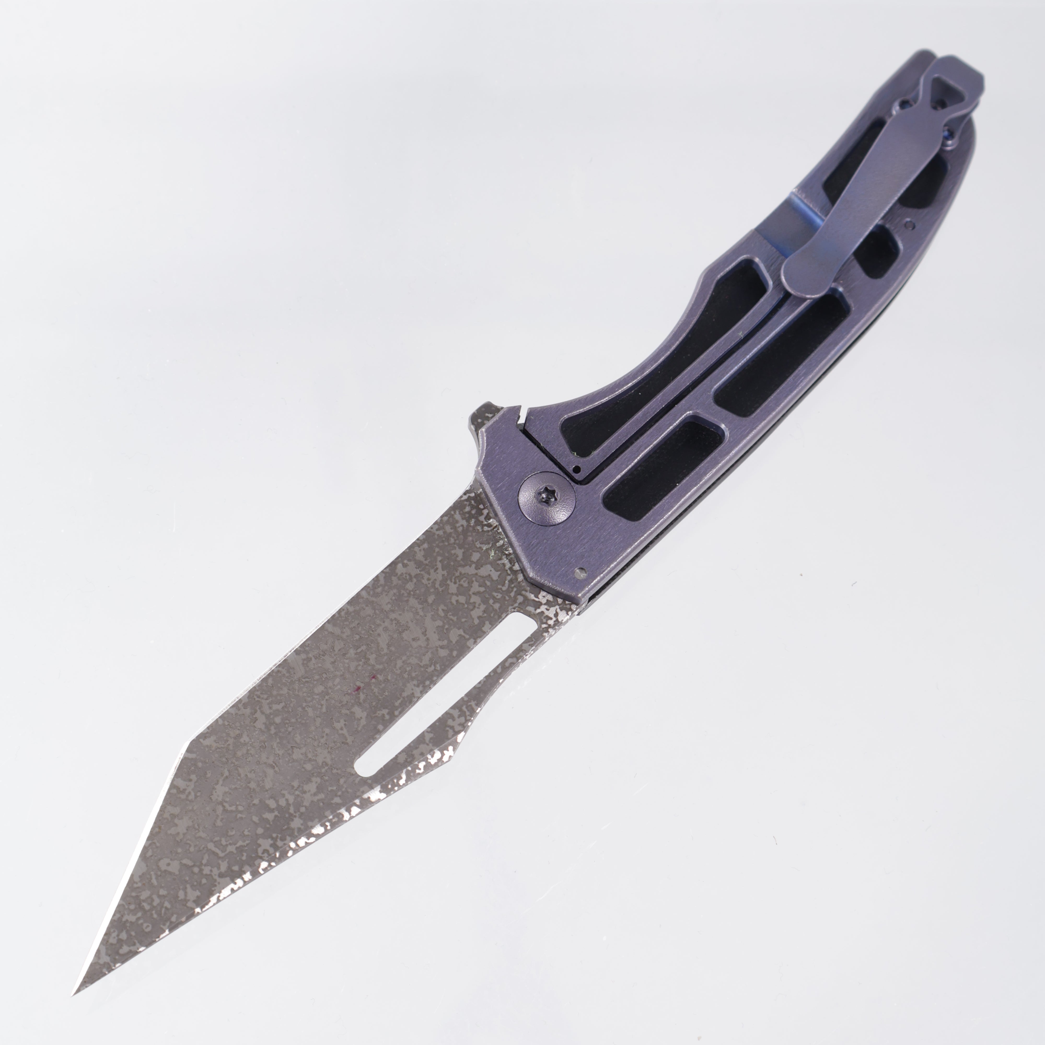 John Gray Slitter V2 Harpoon Tanto - Glow Pigment Filled G10 Full Scale - Purple/Bronze Barked Titanium w/ Purple Hardware - Dark Rain Magnacut