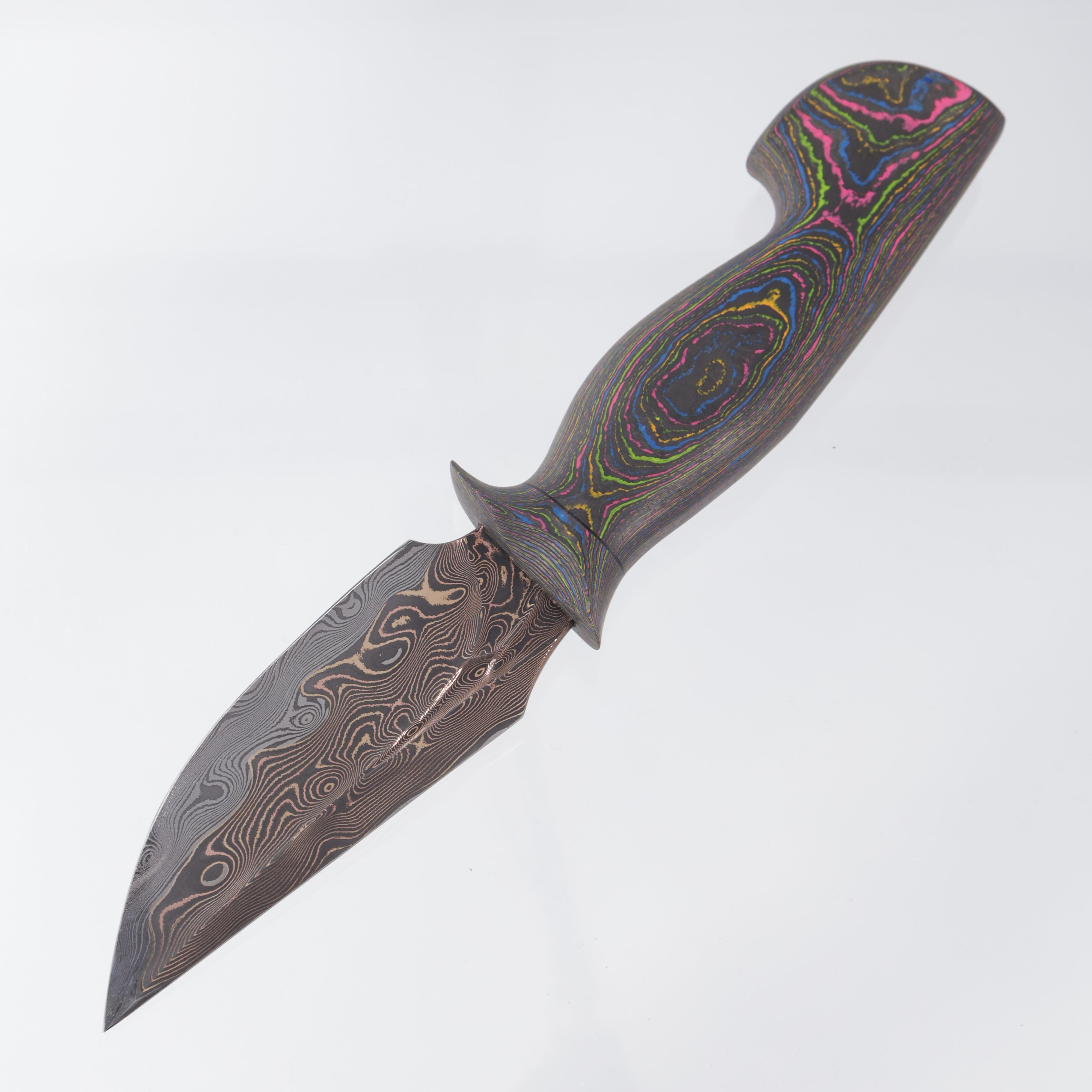 Jordon Berthelot Blades (JBB) Mini Hunter - Baker Forge Raindrop Tigermai Damascus Core - 80s Camo Carbon 1 Piece Handle - BR-OP Exclusive