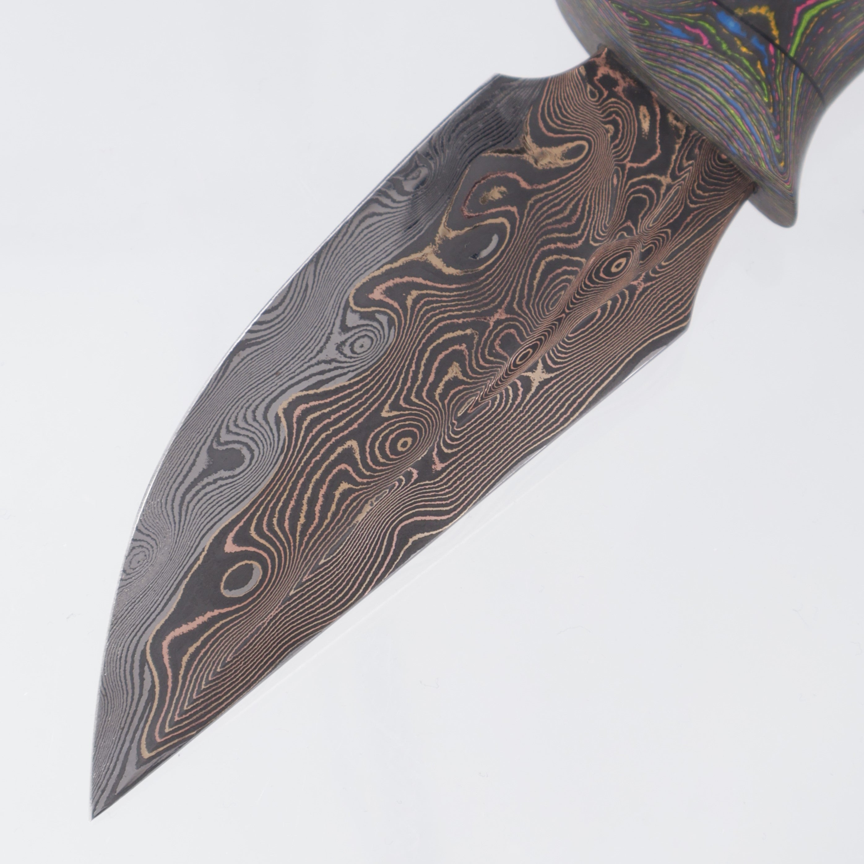 Jordon Berthelot Blades (JBB) Mini Hunter - Baker Forge Raindrop Tigermai Damascus Core - 80s Camo Carbon 1 Piece Handle - BR-OP Exclusive
