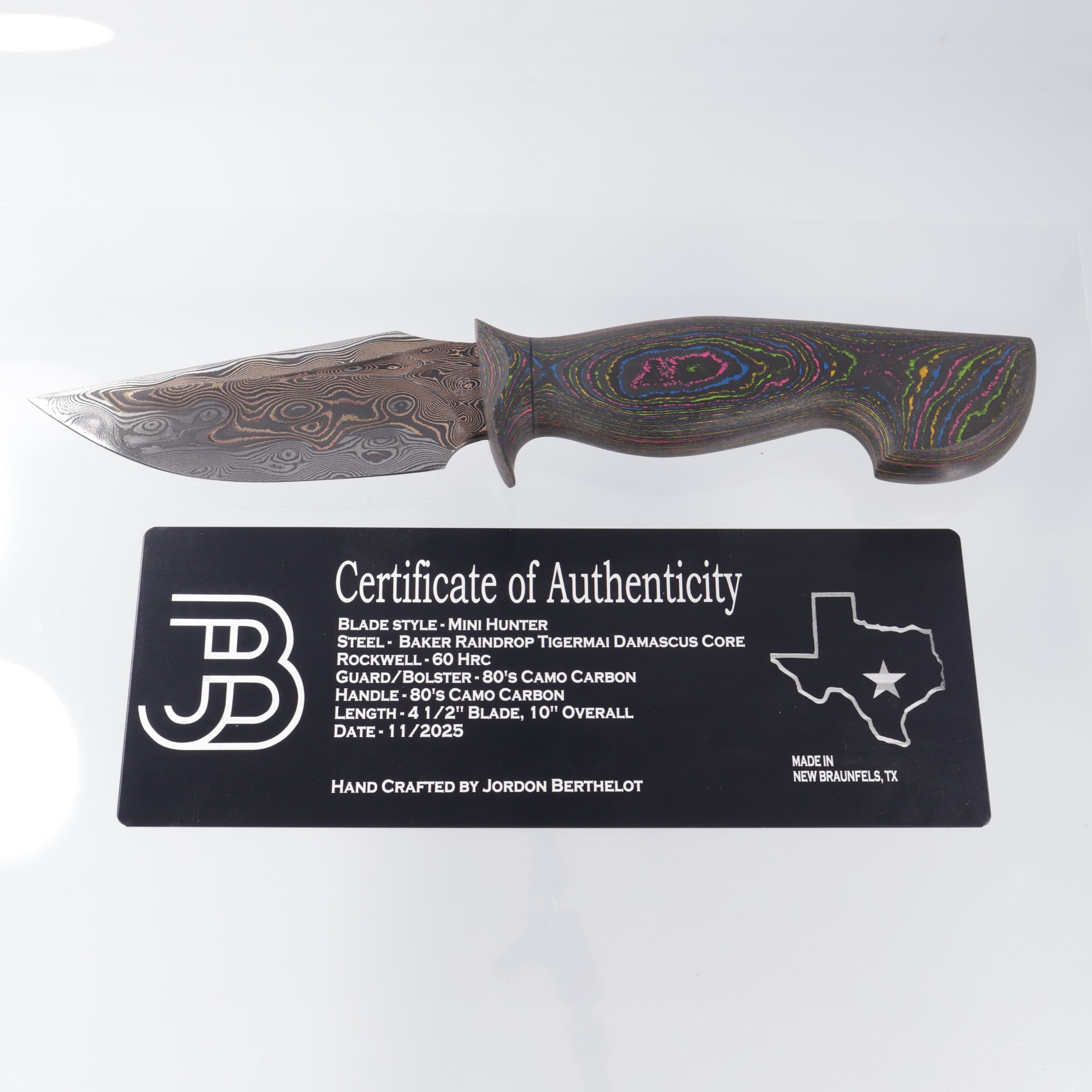Jordon Berthelot Blades (JBB) Mini Hunter - Baker Forge Raindrop Tigermai Damascus Core - 80s Camo Carbon 1 Piece Handle - BR-OP Exclusive
