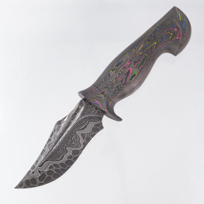 Jordon Berthelot Blades (JBB) Pocket Bowie - 1 Piece 80s Camo Carbon Handle - Deville One Off Damascus w/ Dragon Core - BROP Excusive