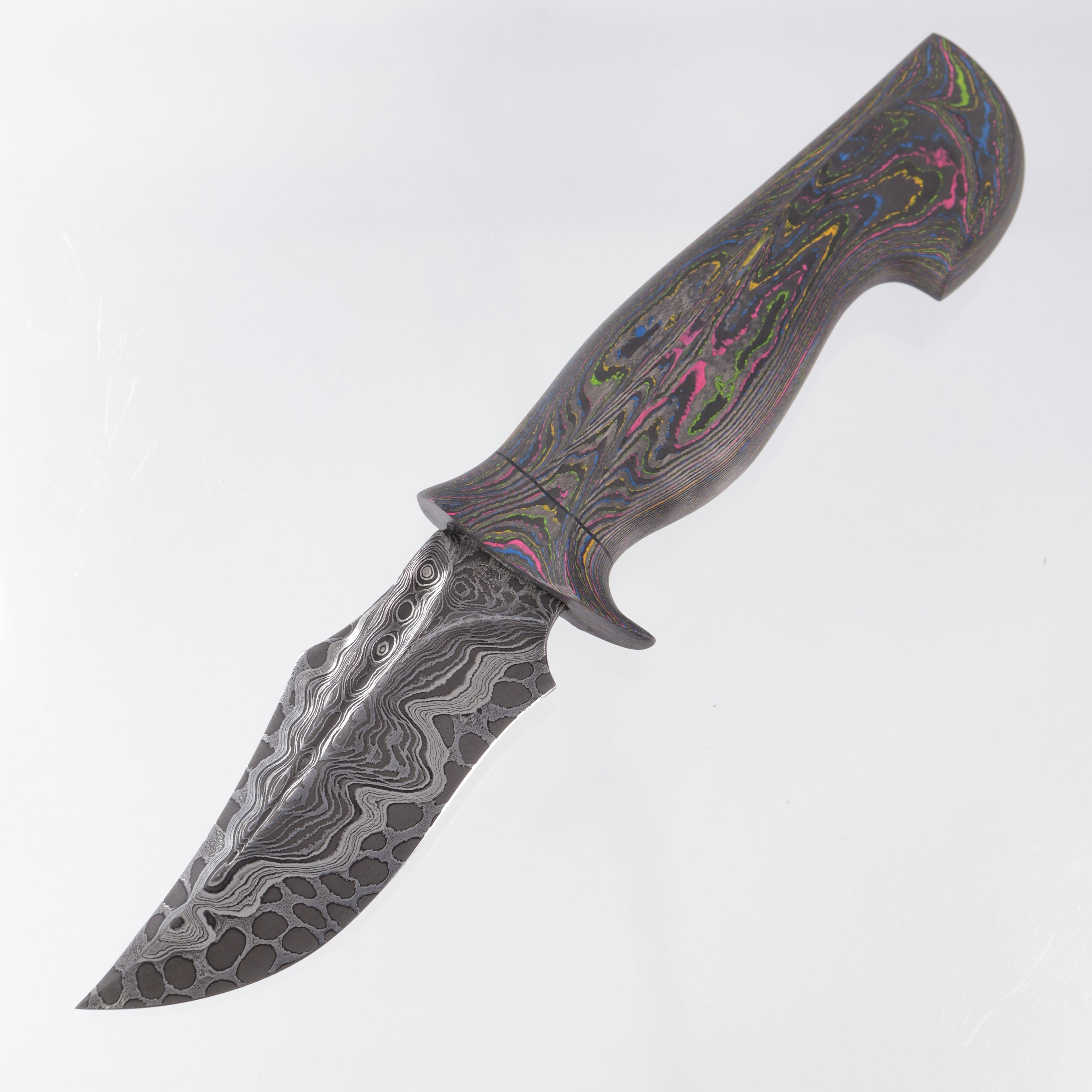 Jordon Berthelot Blades (JBB) Pocket Bowie - 1 Piece 80s Camo Carbon Handle - Deville One Off Damascus w/ Dragon Core - BROP Excusive