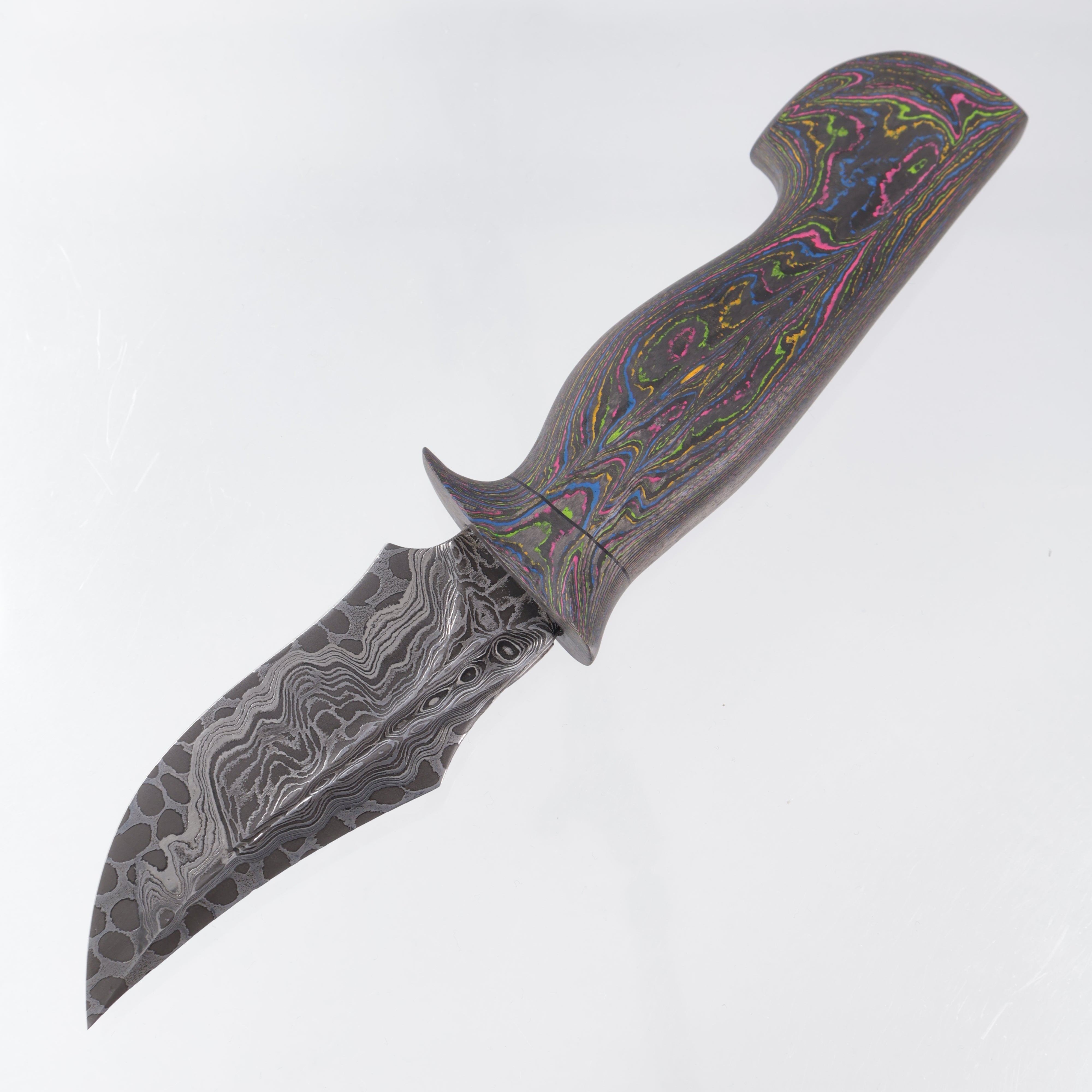 Jordon Berthelot Blades (JBB) Pocket Bowie - 1 Piece 80s Camo Carbon Handle - Deville One Off Damascus w/ Dragon Core - BROP Excusive