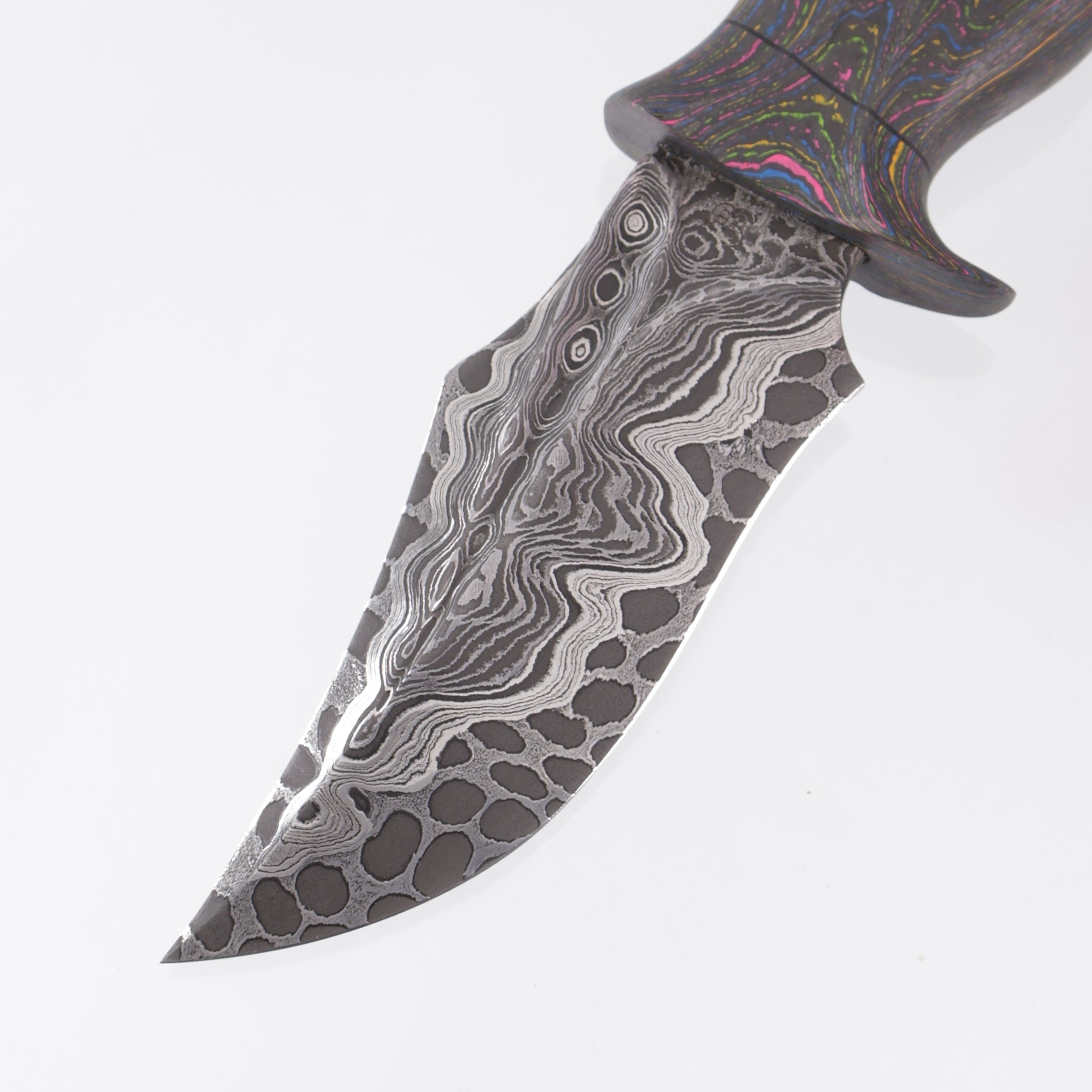 Jordon Berthelot Blades (JBB) Pocket Bowie - 1 Piece 80s Camo Carbon Handle - Deville One Off Damascus w/ Dragon Core - BROP Excusive