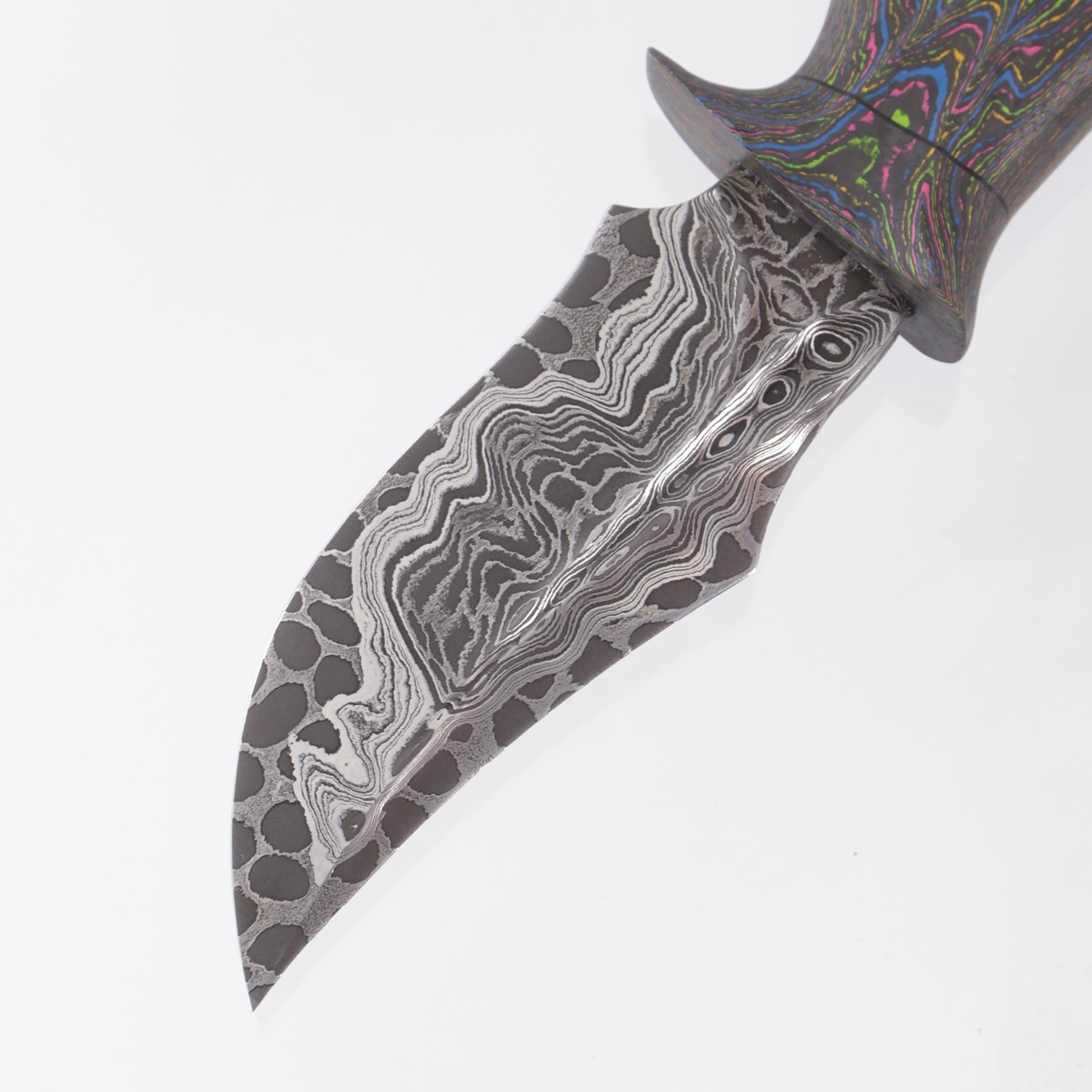 Jordon Berthelot Blades (JBB) Pocket Bowie - 1 Piece 80s Camo Carbon Handle - Deville One Off Damascus w/ Dragon Core - BROP Excusive
