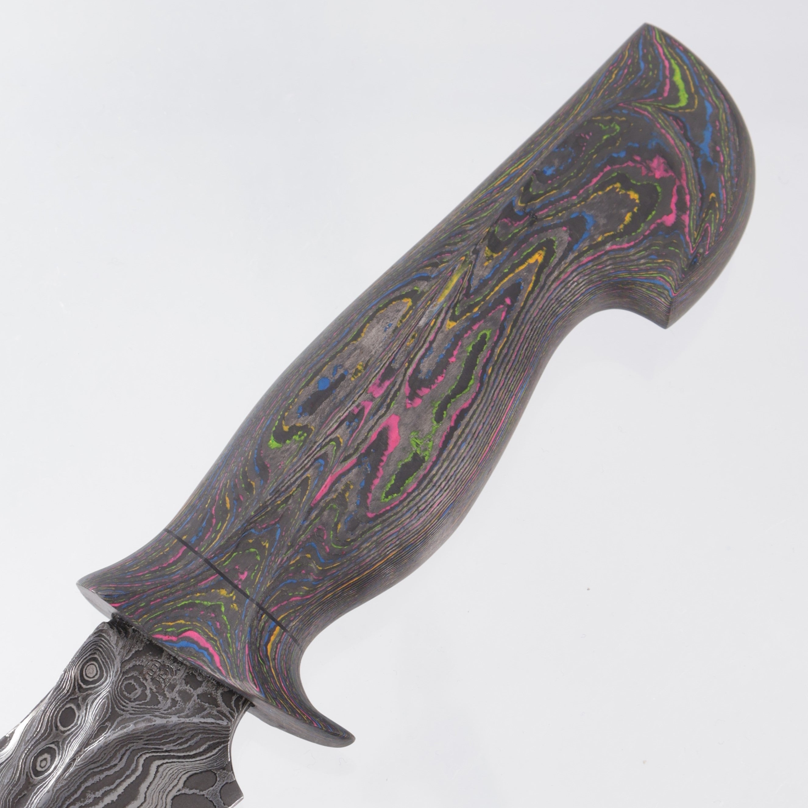 Jordon Berthelot Blades (JBB) Pocket Bowie - 1 Piece 80s Camo Carbon Handle - Deville One Off Damascus w/ Dragon Core - BROP Excusive