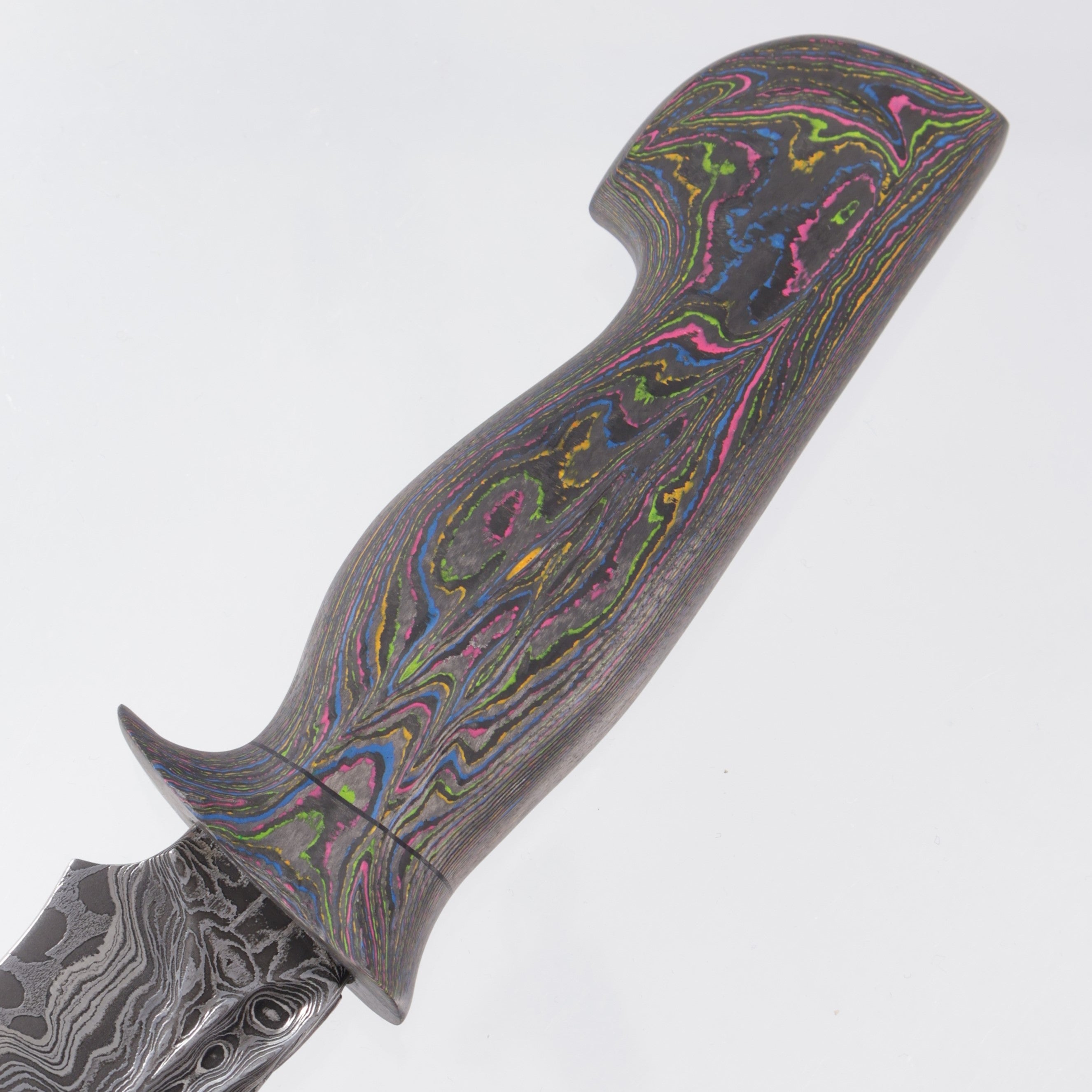 Jordon Berthelot Blades (JBB) Pocket Bowie - 1 Piece 80s Camo Carbon Handle - Deville One Off Damascus w/ Dragon Core - BROP Excusive