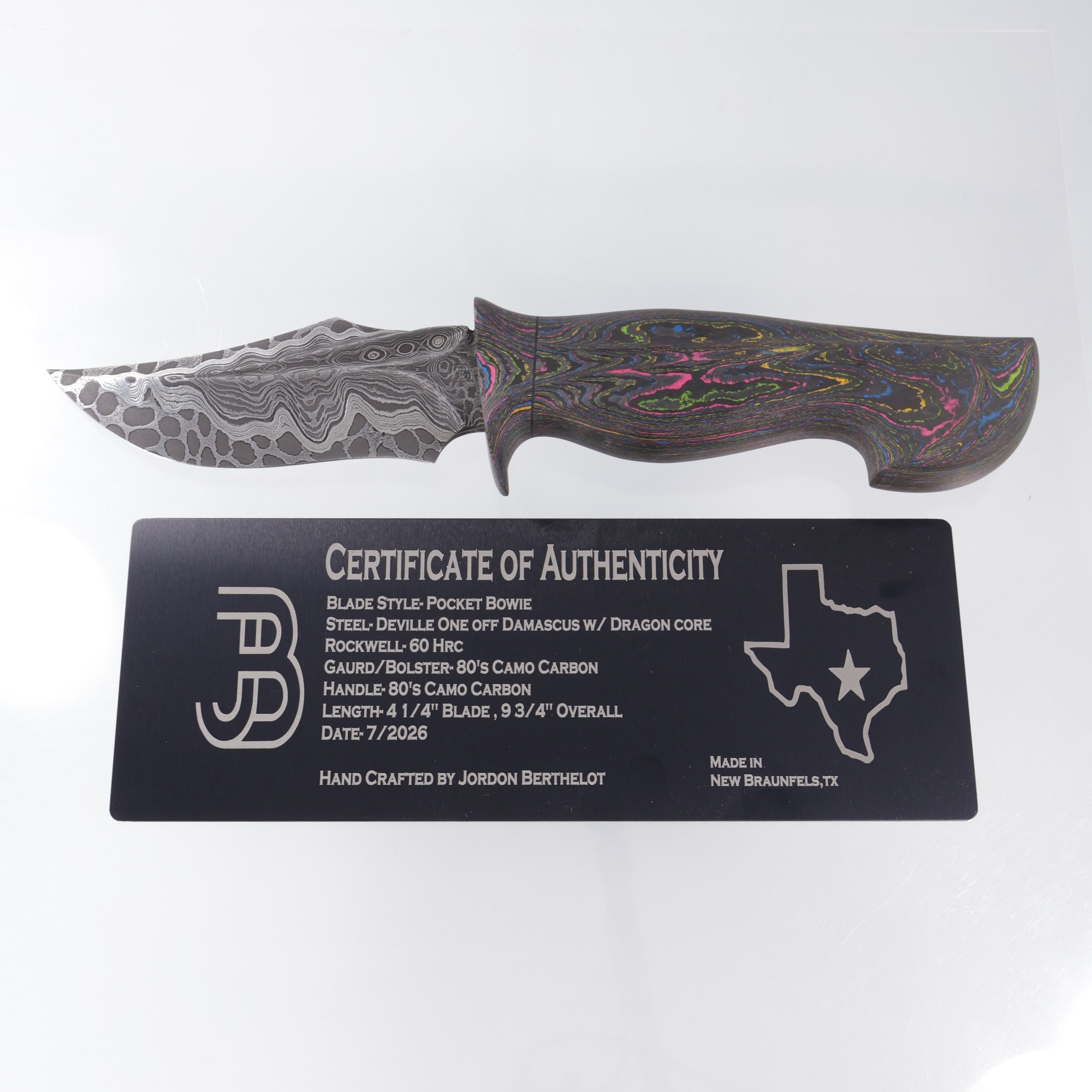 Jordon Berthelot Blades (JBB) Pocket Bowie - 1 Piece 80s Camo Carbon Handle - Deville One Off Damascus w/ Dragon Core - BROP Excusive