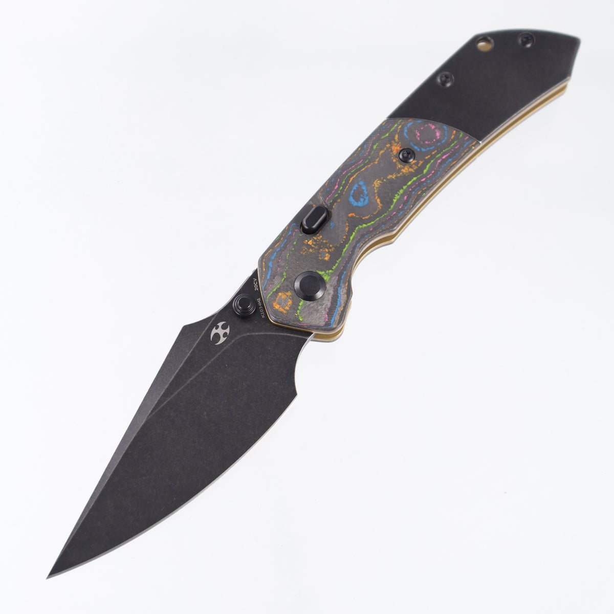 Kansept Fenrir Top Liner Lock - 80s Camo Carbon w/ Blackwash Titanium Bolsters & Gold Liners - Blackwash 20CV - K1034H1