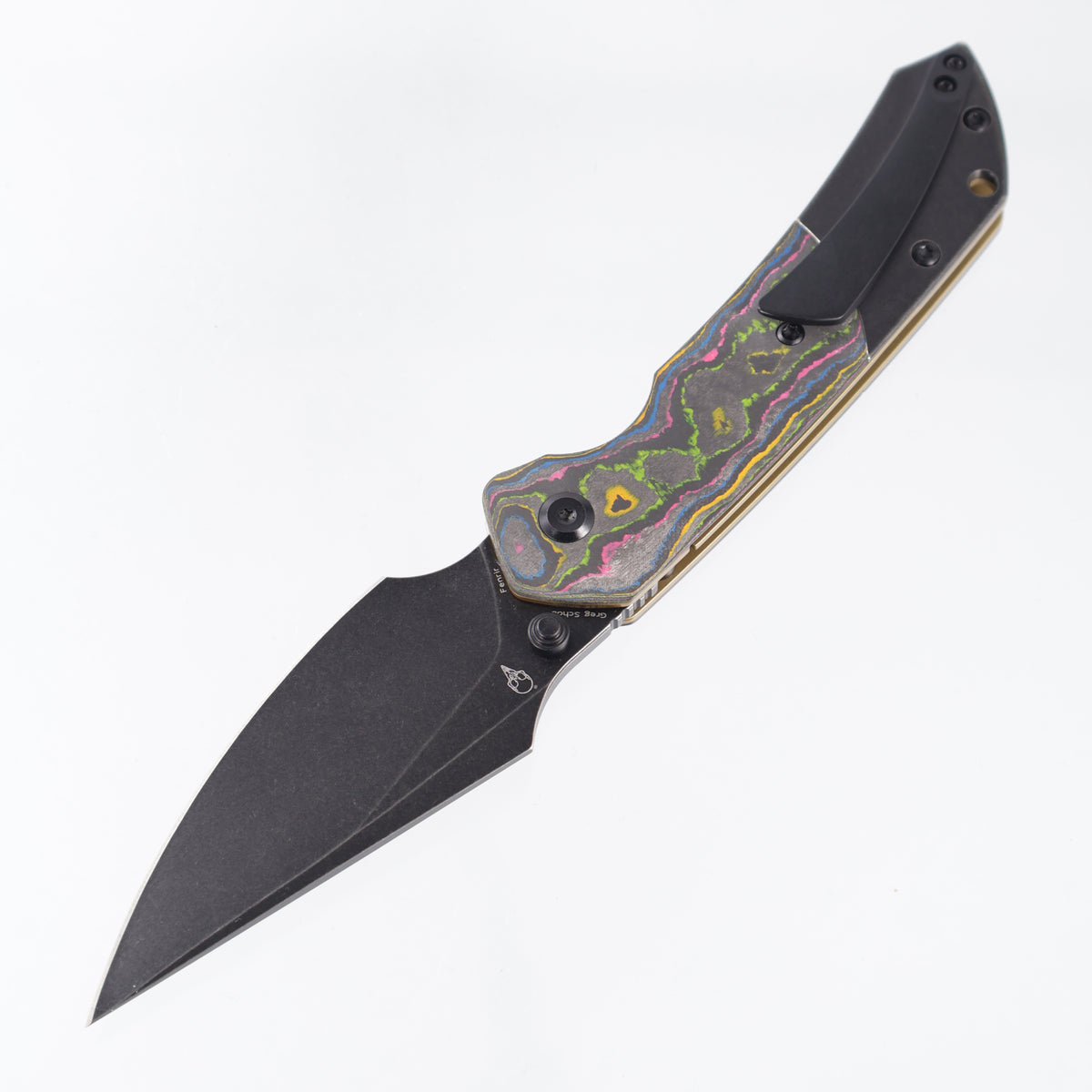 Kansept Fenrir Top Liner Lock - 80s Camo Carbon w/ Blackwash Titanium Bolsters & Gold Liners - Blackwash 20CV - K1034H1