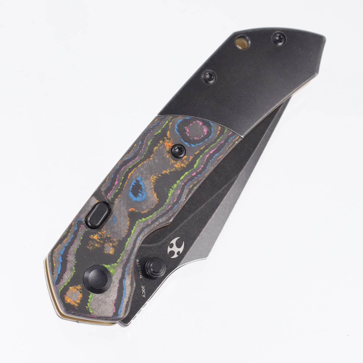 Kansept Fenrir Top Liner Lock - 80s Camo Carbon w/ Blackwash Titanium Bolsters & Gold Liners - Blackwash 20CV - K1034H1