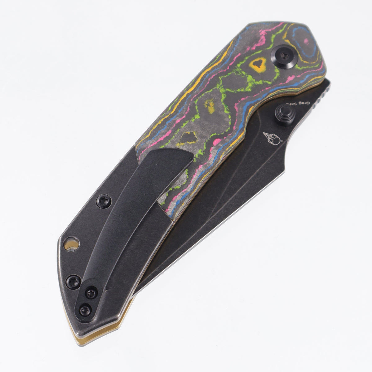 Kansept Fenrir Top Liner Lock - 80s Camo Carbon w/ Blackwash Titanium Bolsters & Gold Liners - Blackwash 20CV - K1034H1