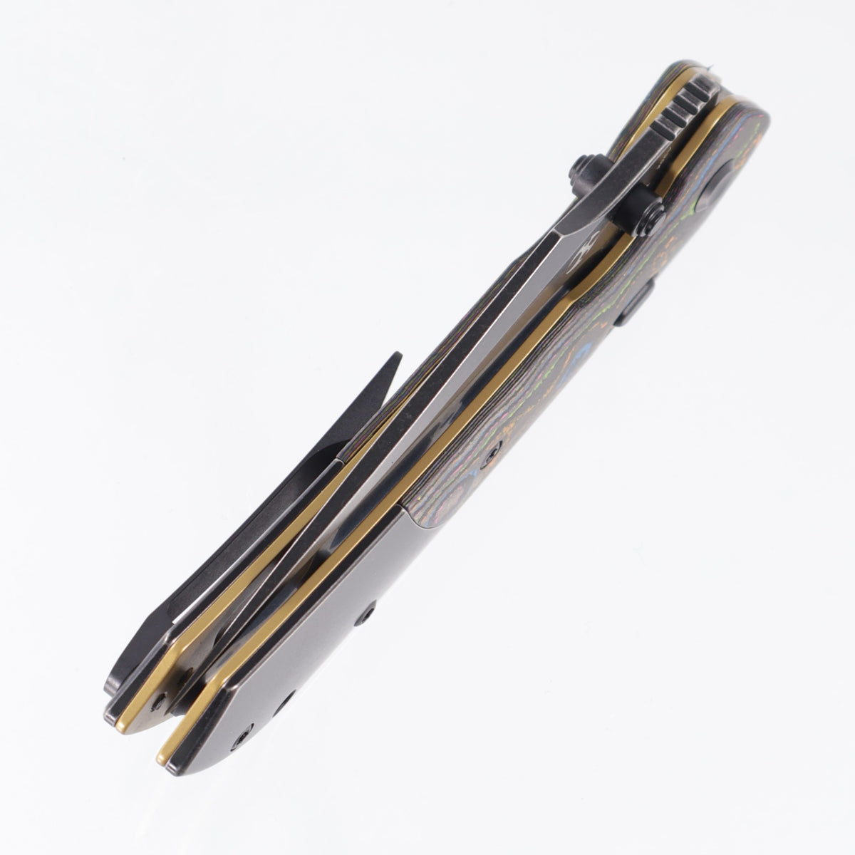 Kansept Fenrir Top Liner Lock - 80s Camo Carbon w/ Blackwash Titanium Bolsters & Gold Liners - Blackwash 20CV - K1034H1
