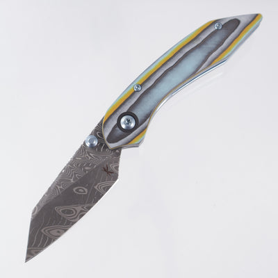 Keanison Knives K9 Pup #031 - Camo Quartz w/ Blue Ti Liners & Hardware - Zirconium Clip - Mike Norris Stainless Damascus
