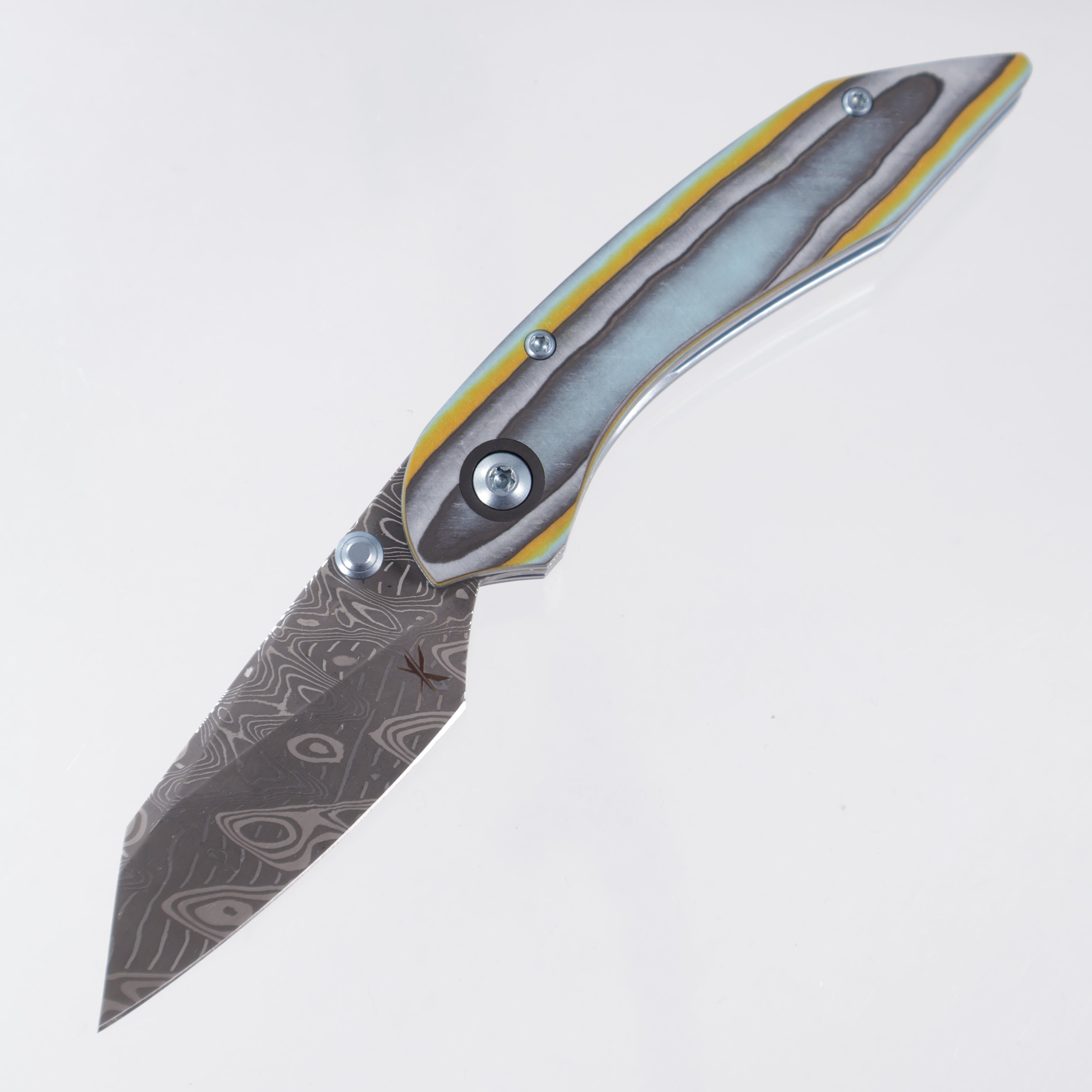 Keanison Knives K9 Pup #031 - Camo Quartz w/ Blue Ti Liners & Hardware - Zirconium Clip - Mike Norris Stainless Damascus