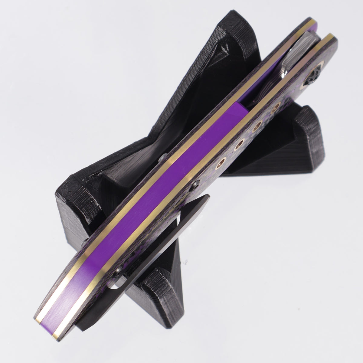 Keanison Knives Whippet Liner Lock #023 - Camo Carbon Weave Purple & Gold w/ Brass Liners & Accents - Purple Bakelite Backspacer & Zirconium Clip - Mike Norris Stainless Damascus