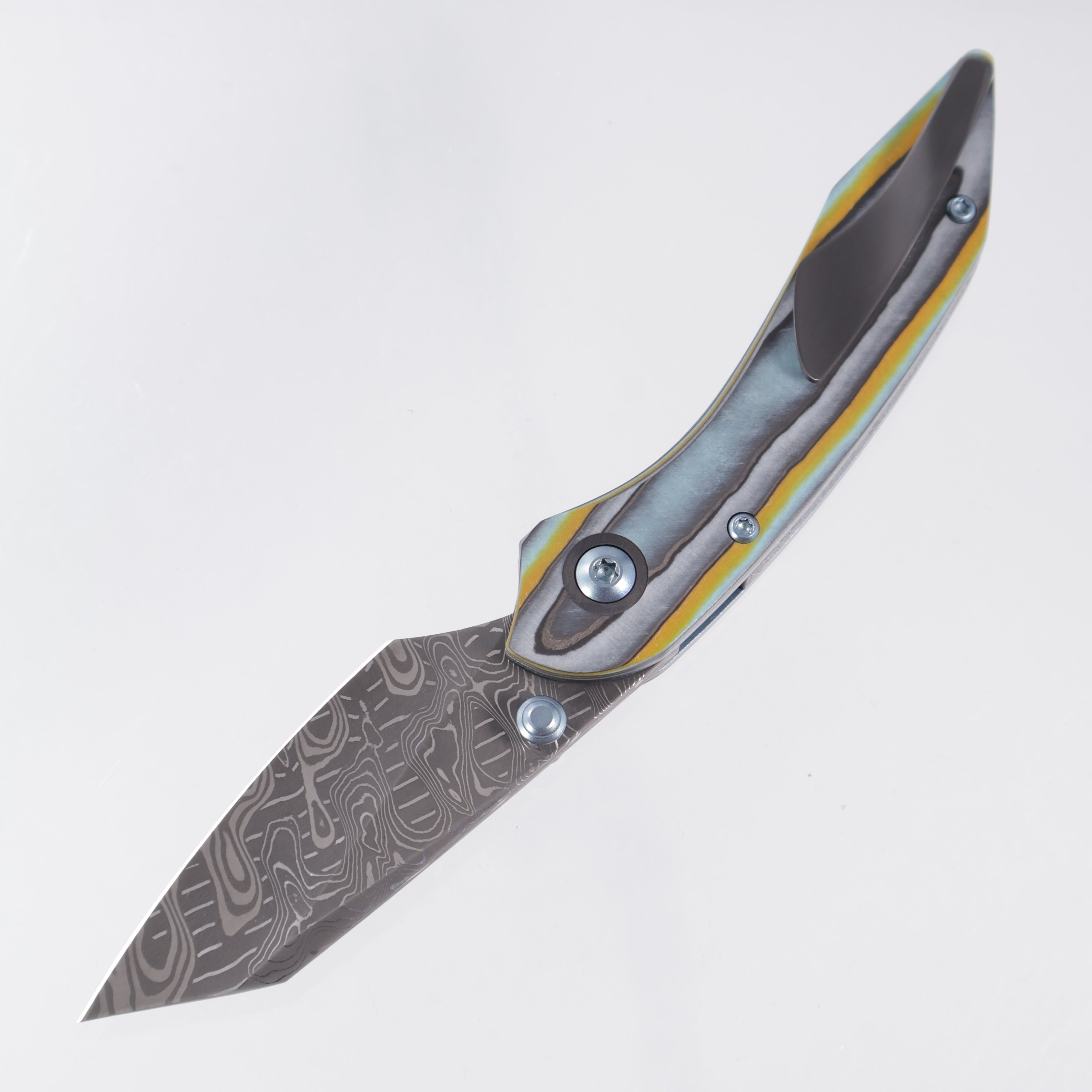 Keanison Knives K9 Pup #031 - Camo Quartz w/ Blue Ti Liners & Hardware - Zirconium Clip - Mike Norris Stainless Damascus
