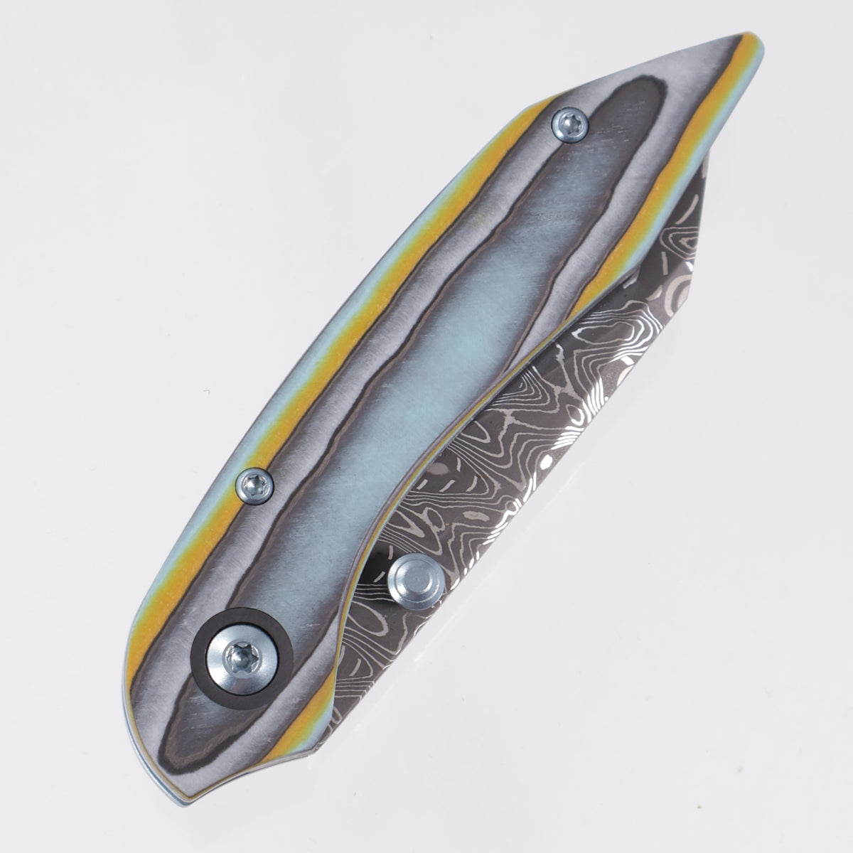 Keanison Knives K9 Pup #031 - Camo Quartz w/ Blue Ti Liners & Hardware - Zirconium Clip - Mike Norris Stainless Damascus
