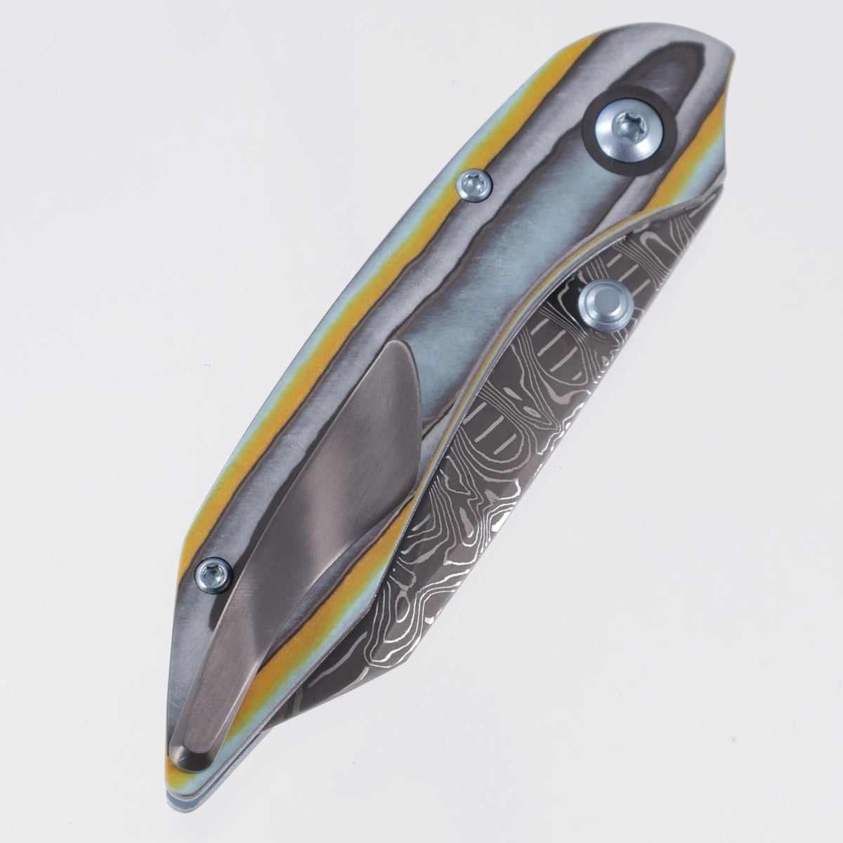 Keanison Knives K9 Pup #031 - Camo Quartz w/ Blue Ti Liners & Hardware - Zirconium Clip - Mike Norris Stainless Damascus