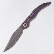 Keanison Knives Whippet Liner Lock #023 - Camo Carbon Weave Purple & Gold w/ Brass Liners & Accents - Purple Bakelite Backspacer & Zirconium Clip - Mike Norris Stainless Damascus