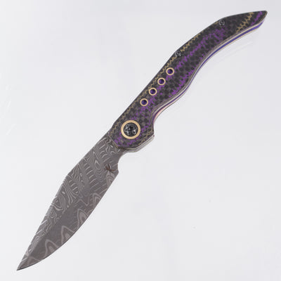 Keanison Knives Whippet Liner Lock #023 - Camo Carbon Weave Purple & Gold w/ Brass Liners & Accents - Purple Bakelite Backspacer & Zirconium Clip - Mike Norris Stainless Damascus
