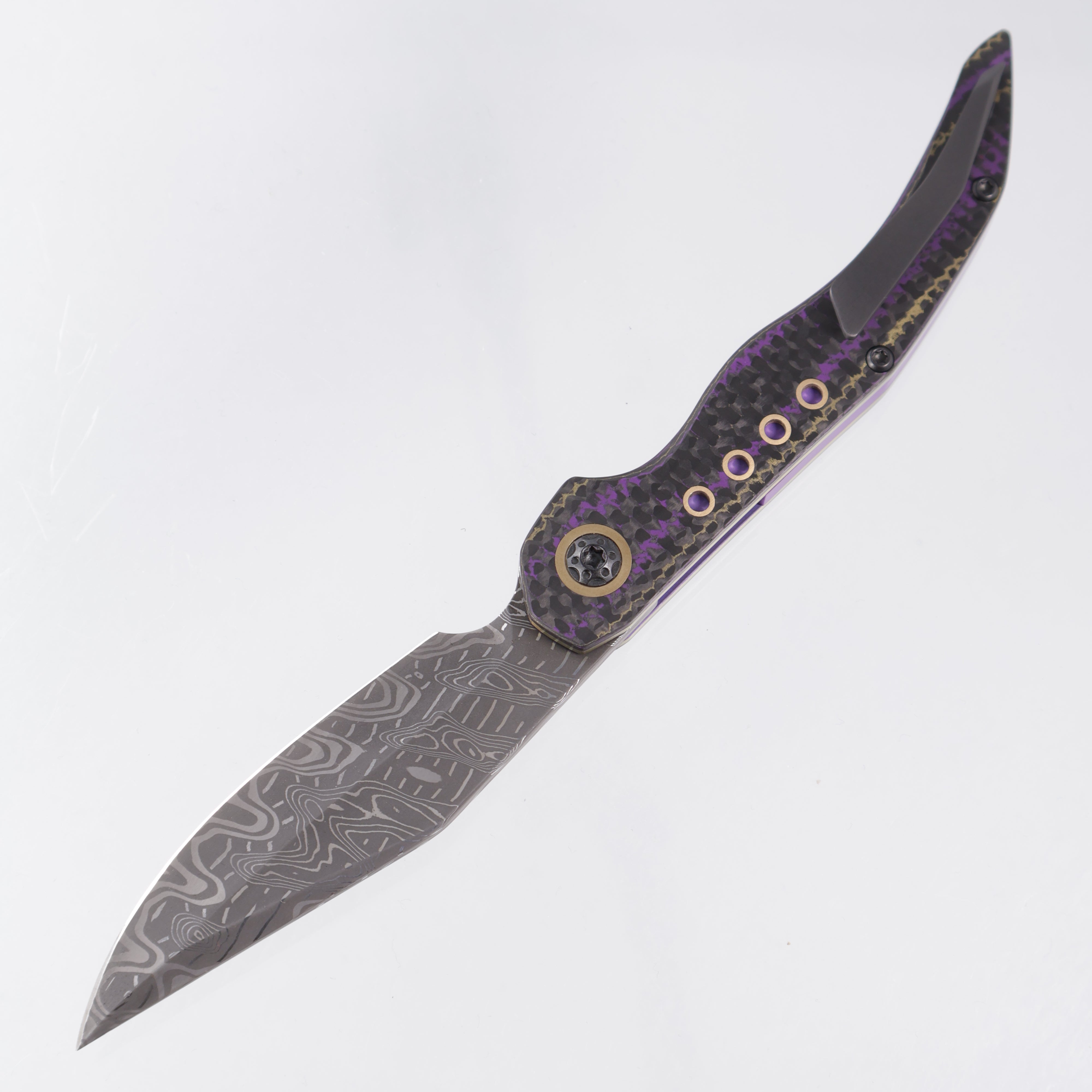 Keanison Knives Whippet Liner Lock #023 - Camo Carbon Weave Purple & Gold w/ Brass Liners & Accents - Purple Bakelite Backspacer & Zirconium Clip - Mike Norris Stainless Damascus